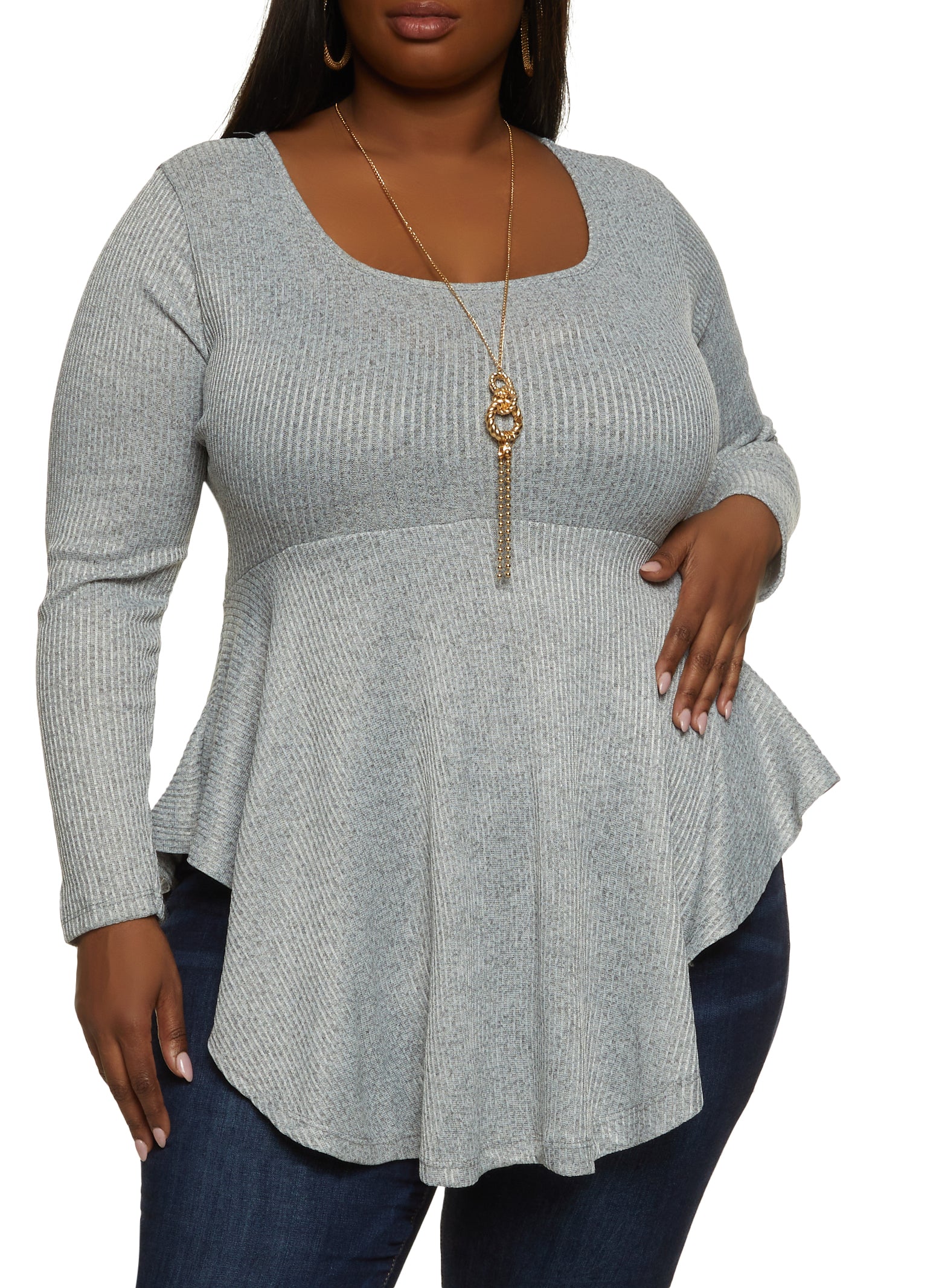 Plus Size Ribbed Knit Peplum Top with Necklace - Heather