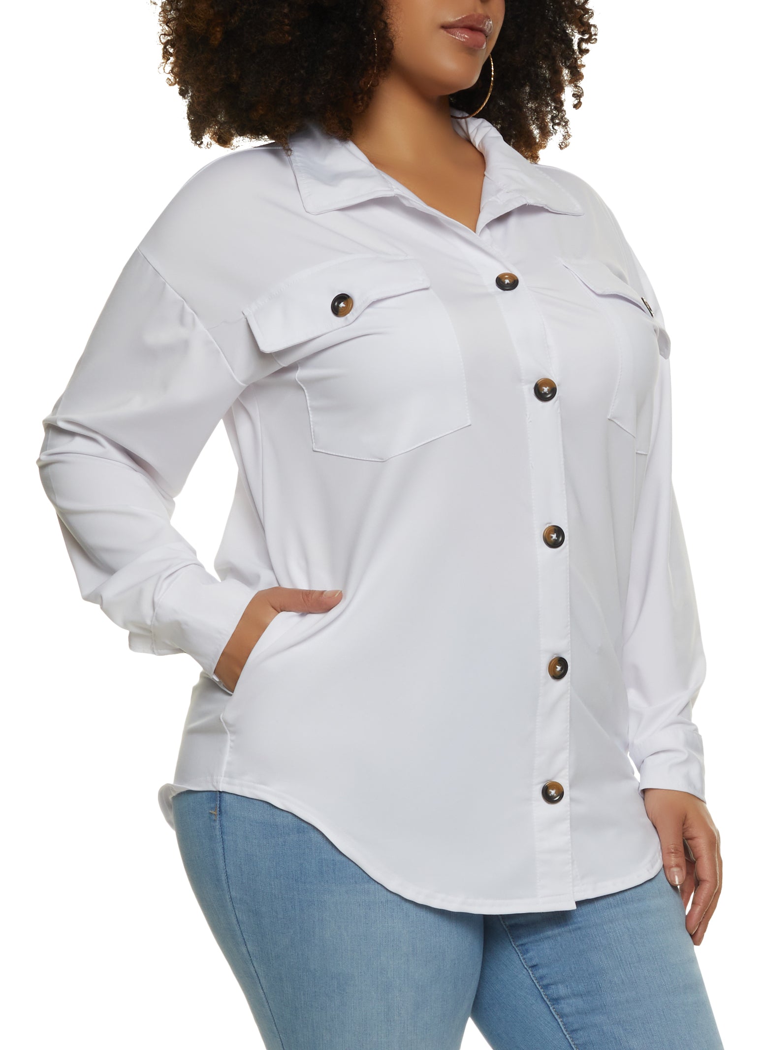 Plus Size Button Front Pocket Tunic Shirt - White