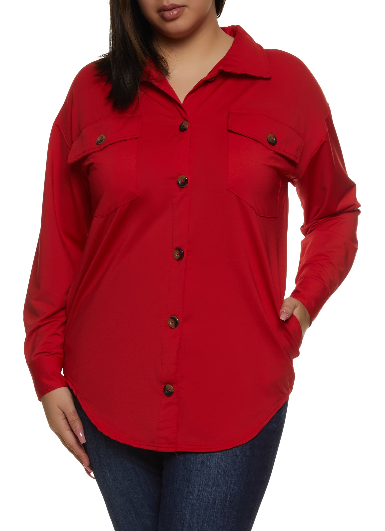 Plus Size Button Front Pocket Tunic Shirt - Red