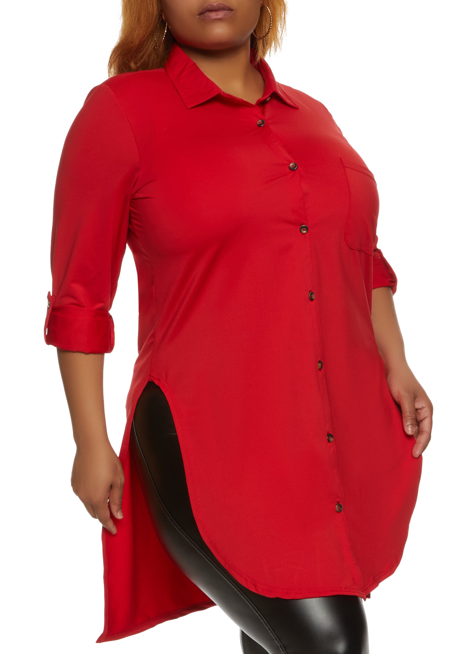 Plus Size Tabbed Sleeve Button Down Tunic Shirt