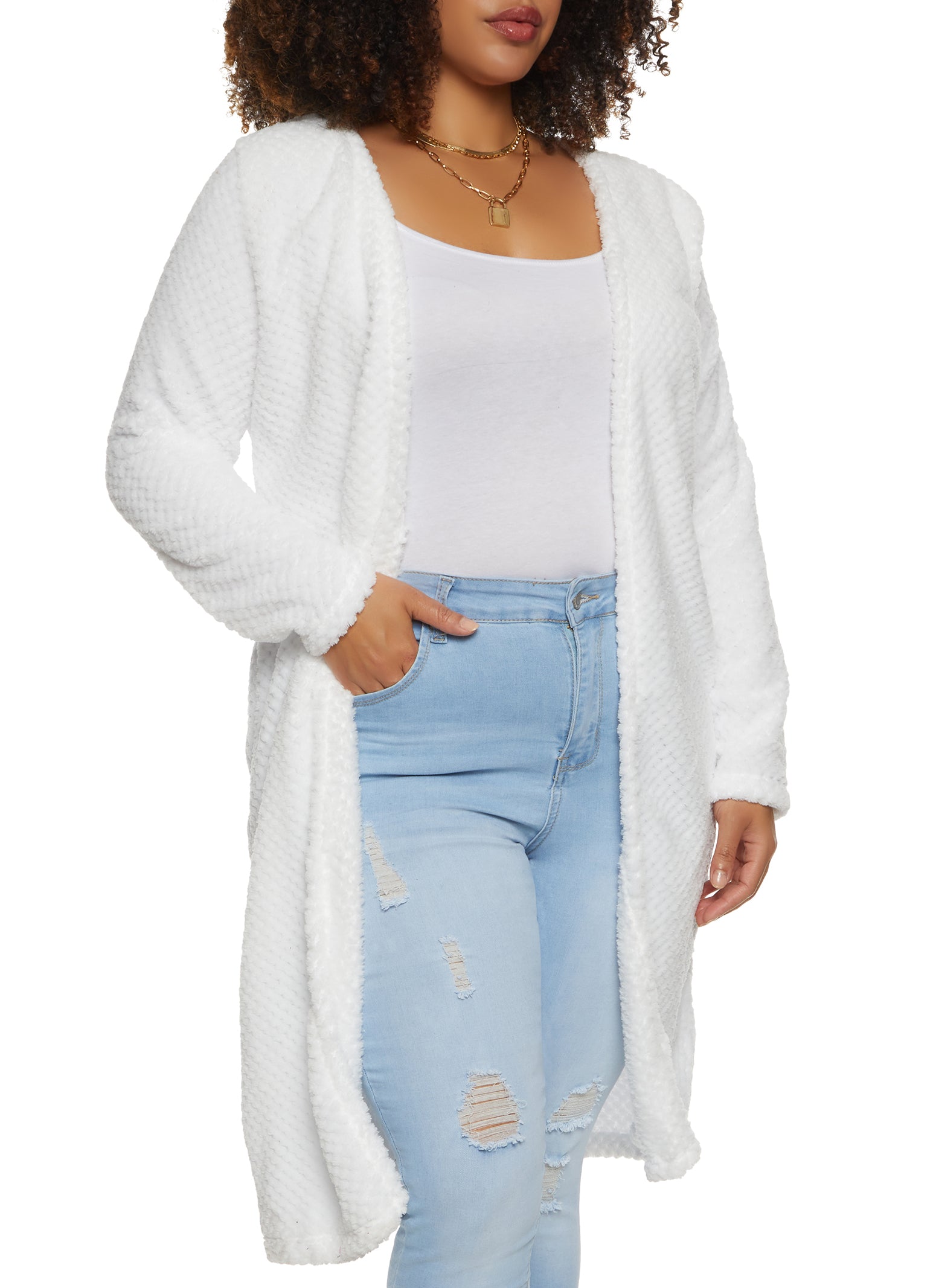 Plus Size Quilted Plush Long Sleeve Duster - White