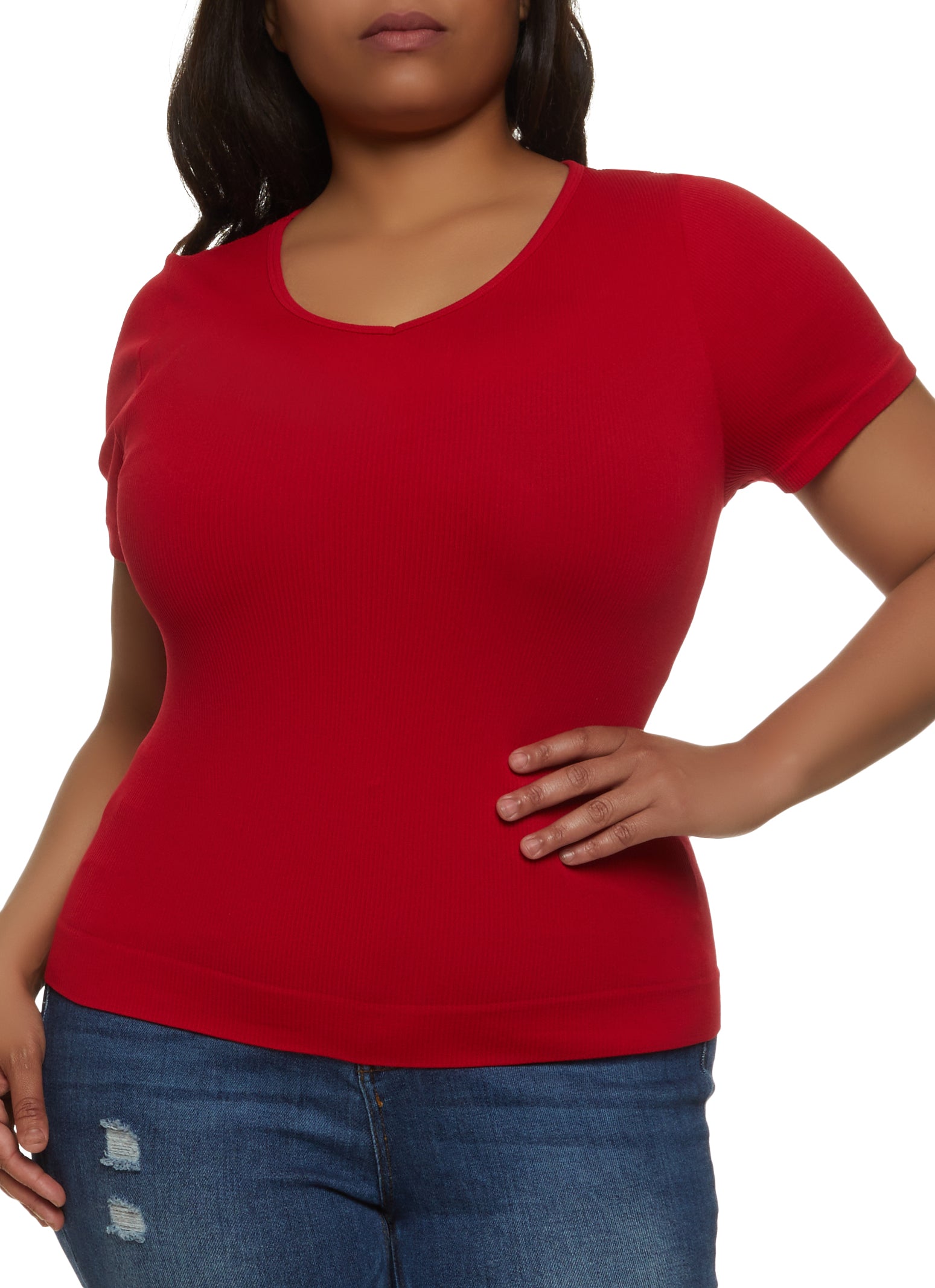 Plus Size Seamless Ribbed Knit V Neck Tee - Red