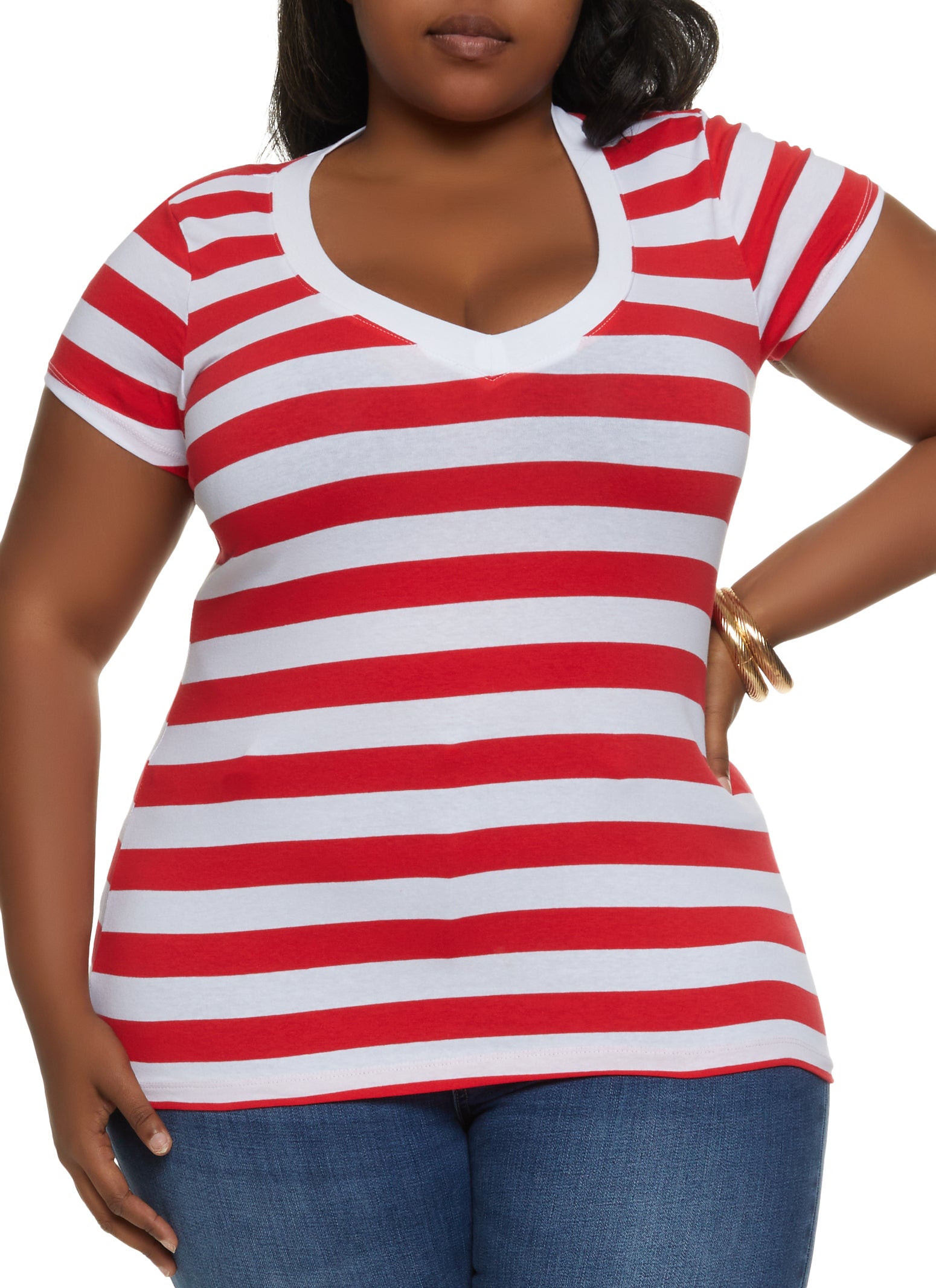 Plus Size Striped Short Sleeve V Neck Tee