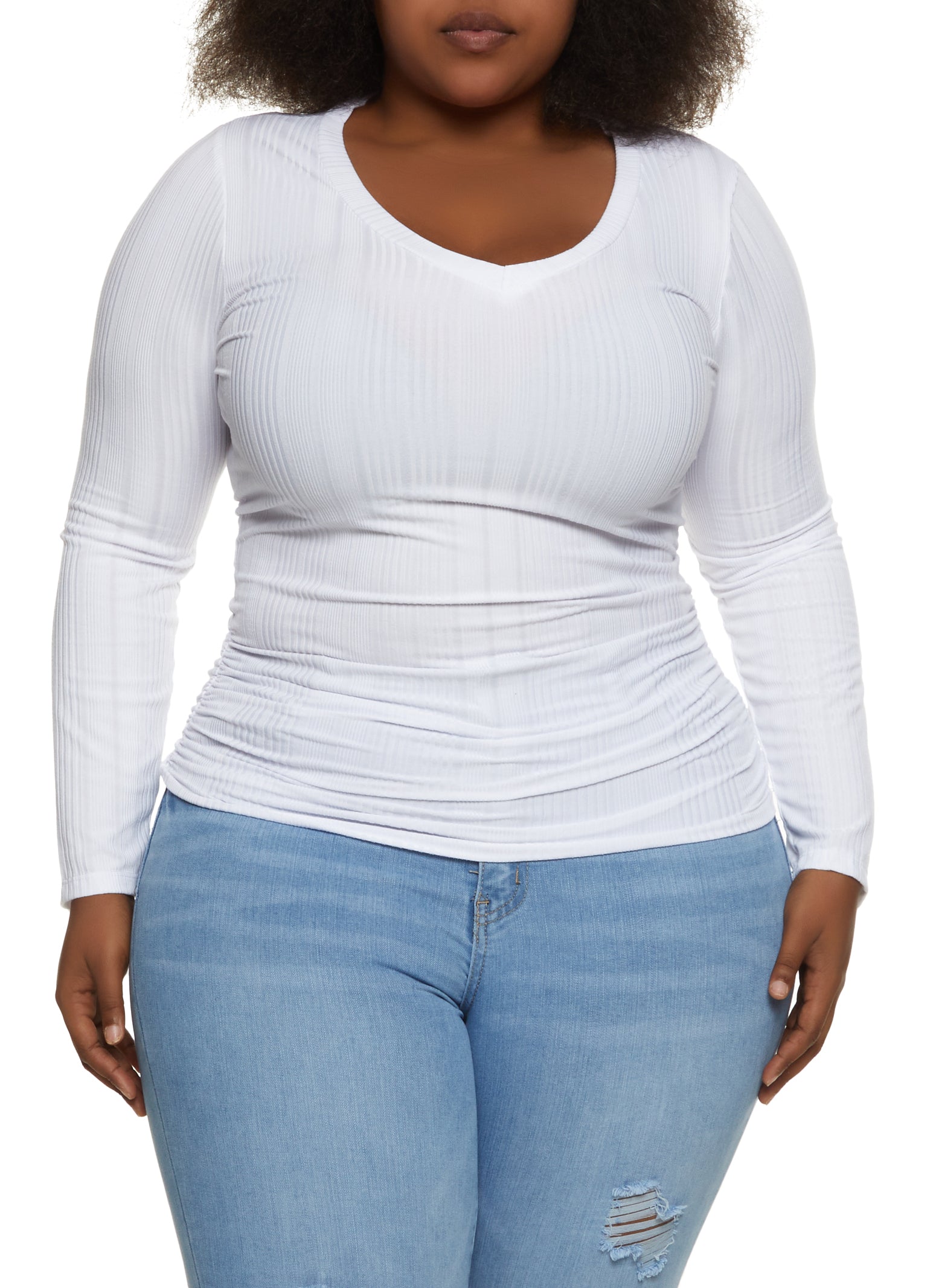 Plus Size Ribbed Knit Long Sleeve Ruched Top - White
