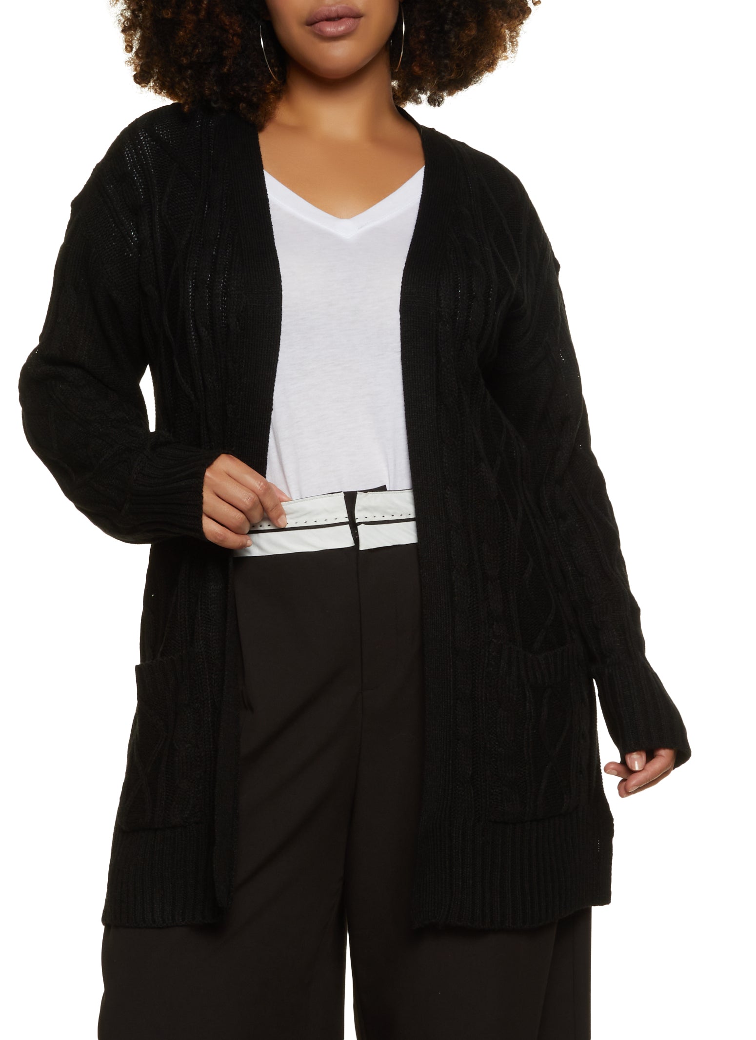 Plus Size Cable Knit Open Front Cardigan