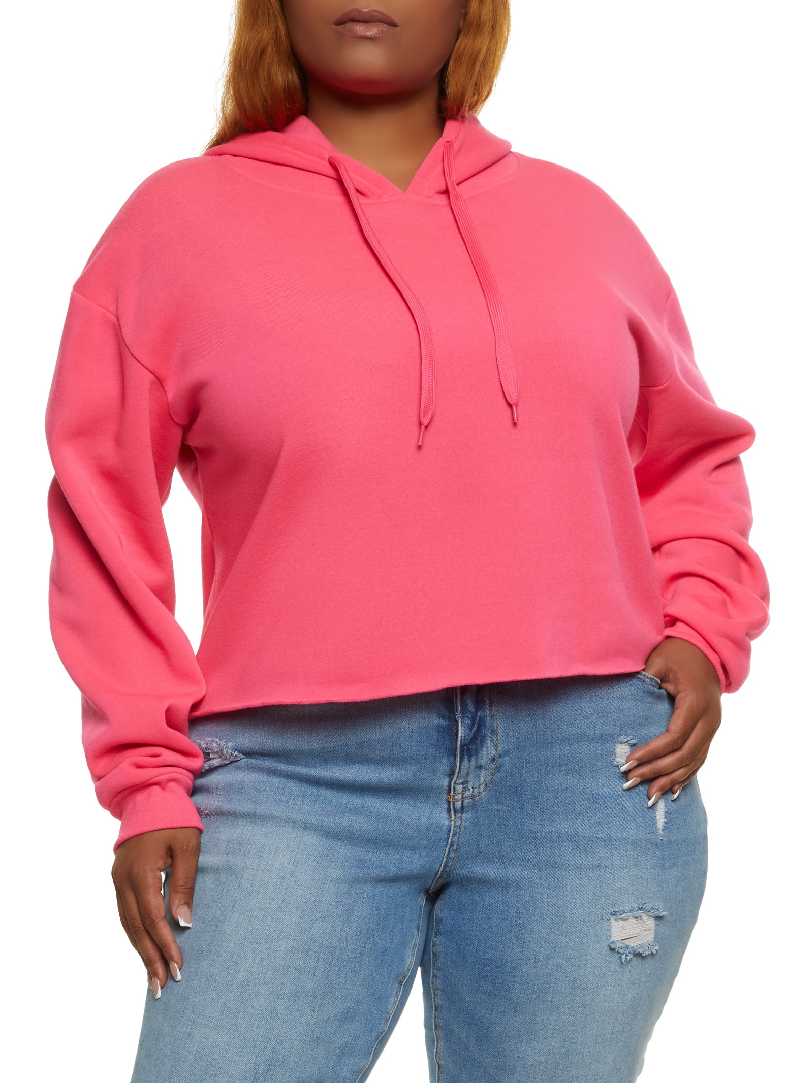 Plus Size Raw Hem Pullover Cropped Hoodie