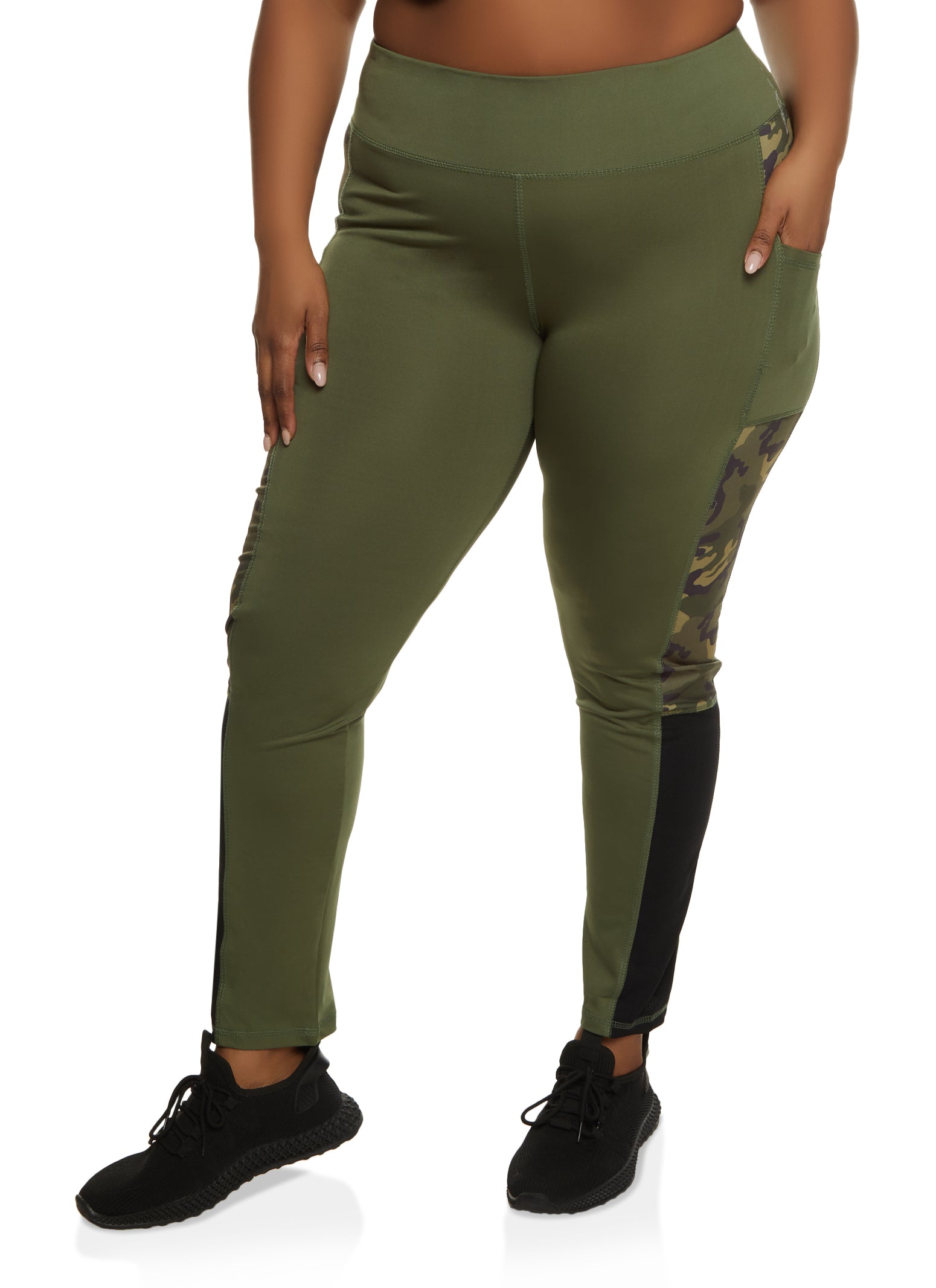 Plus Size Camo Detail Side Pocket Leggings - Olive