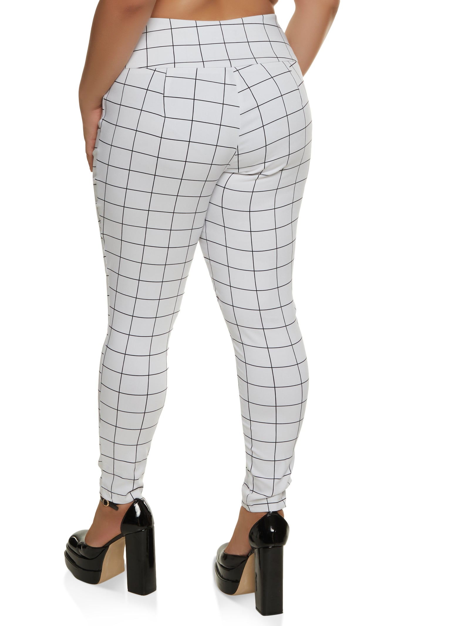 Plus Size Windowpane Print Tie Front Dress Pants white Rainbow