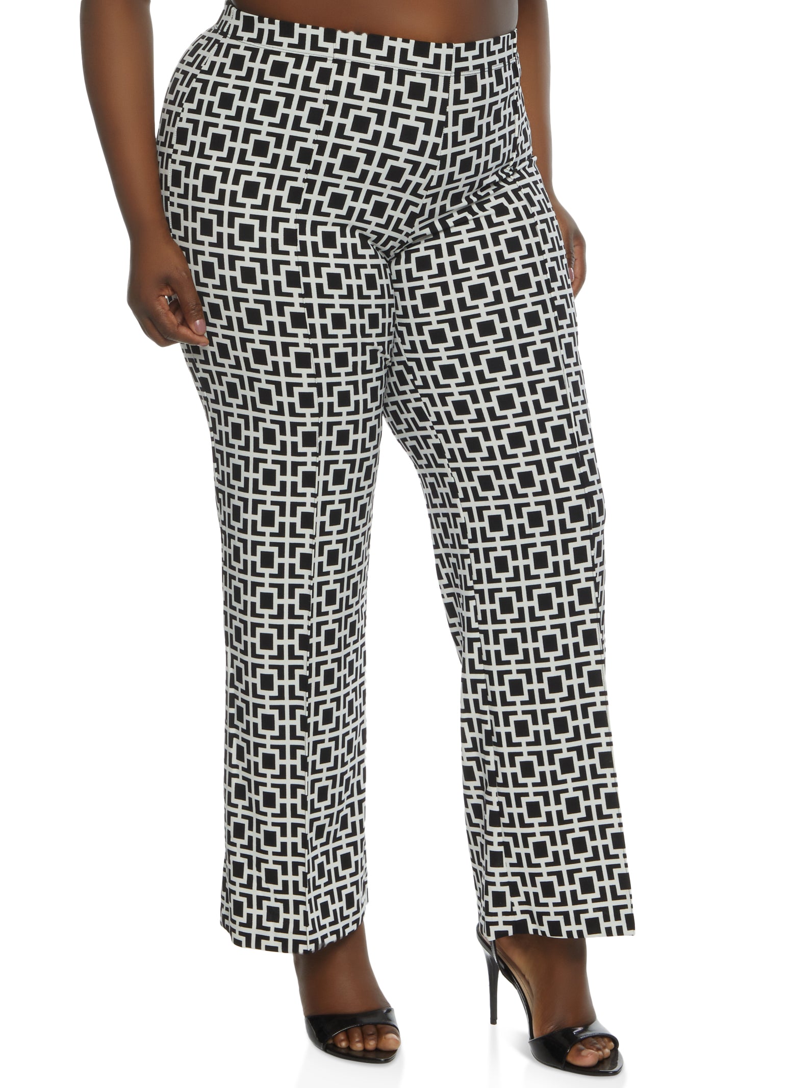 Plus Size Geometric Print Flared Dress Pants Black white