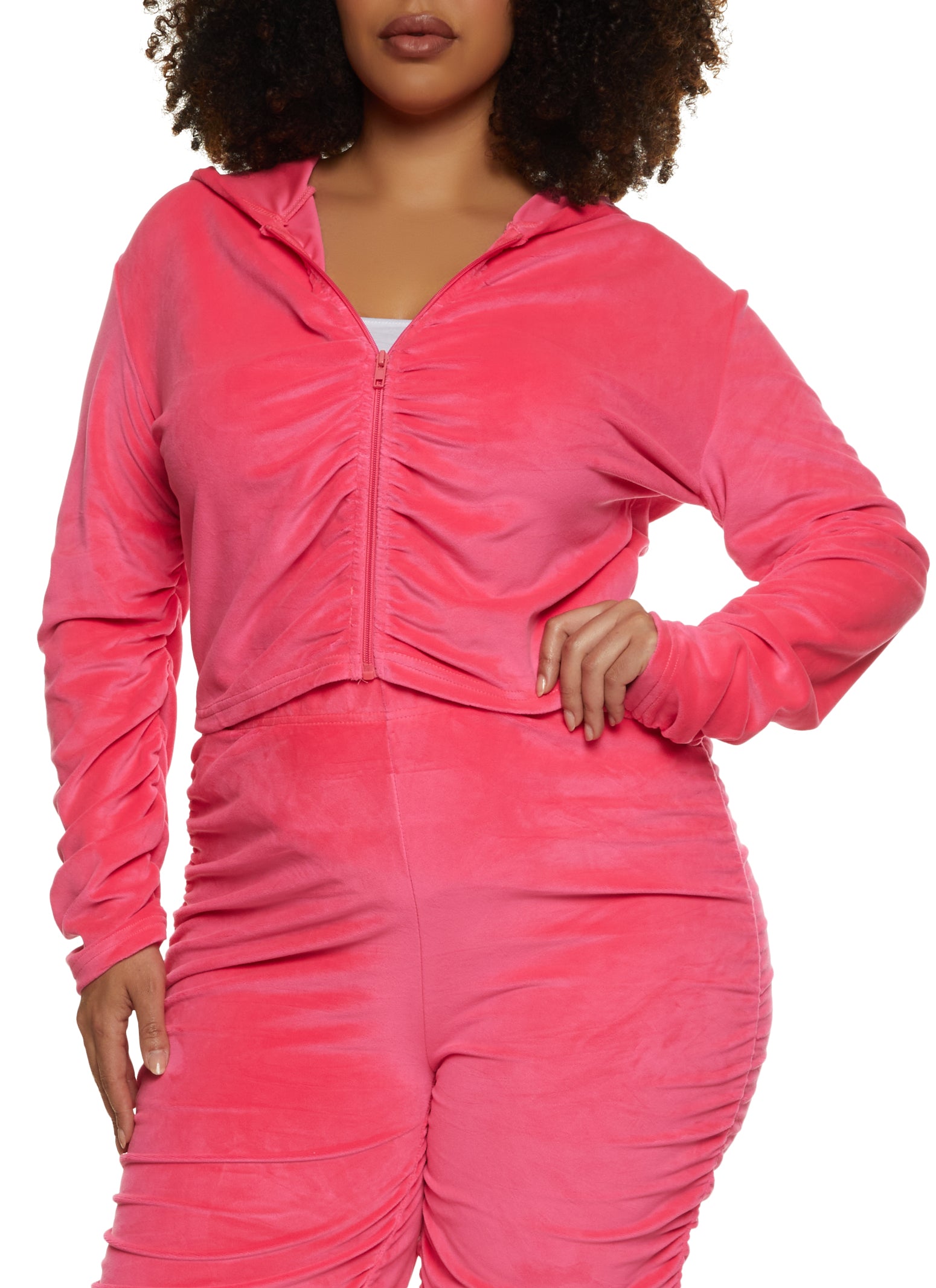 Plus Size Velour Ruched Front Hoodie Fuchsia