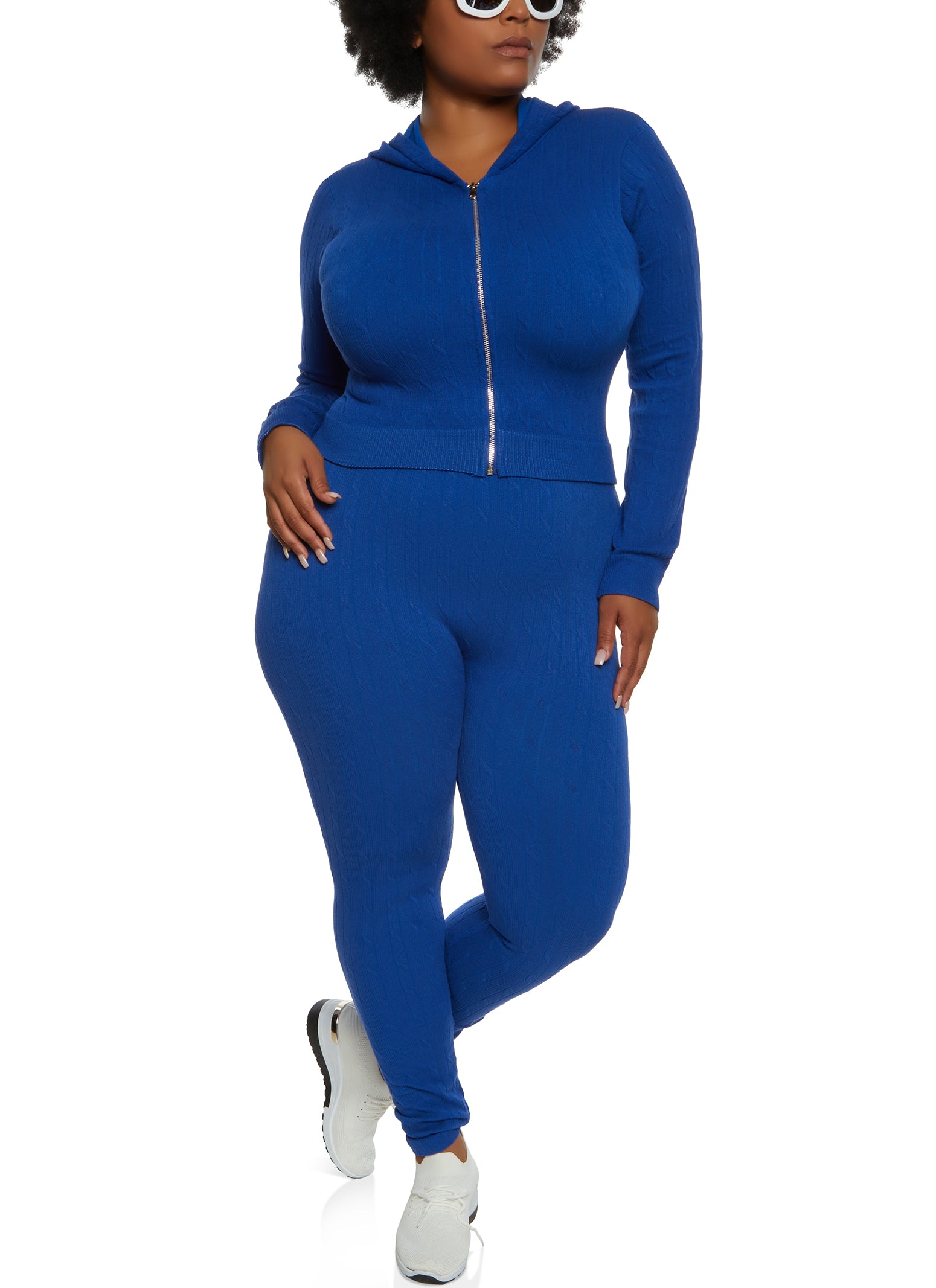 Plus Size Seamless Cable Knit Zip Front Hoodie