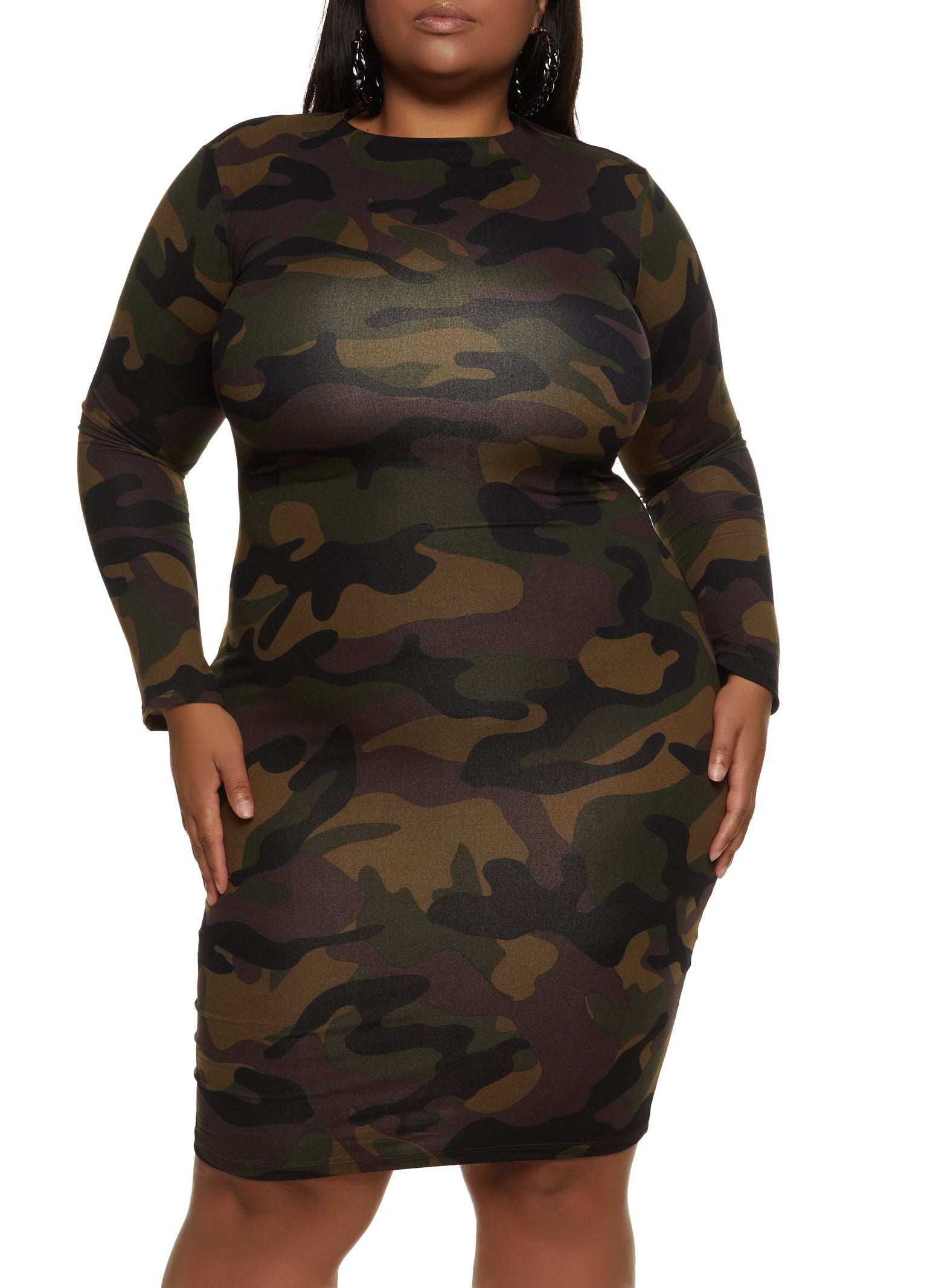 Plus Size Long Sleeve Printed Bodycon Dress