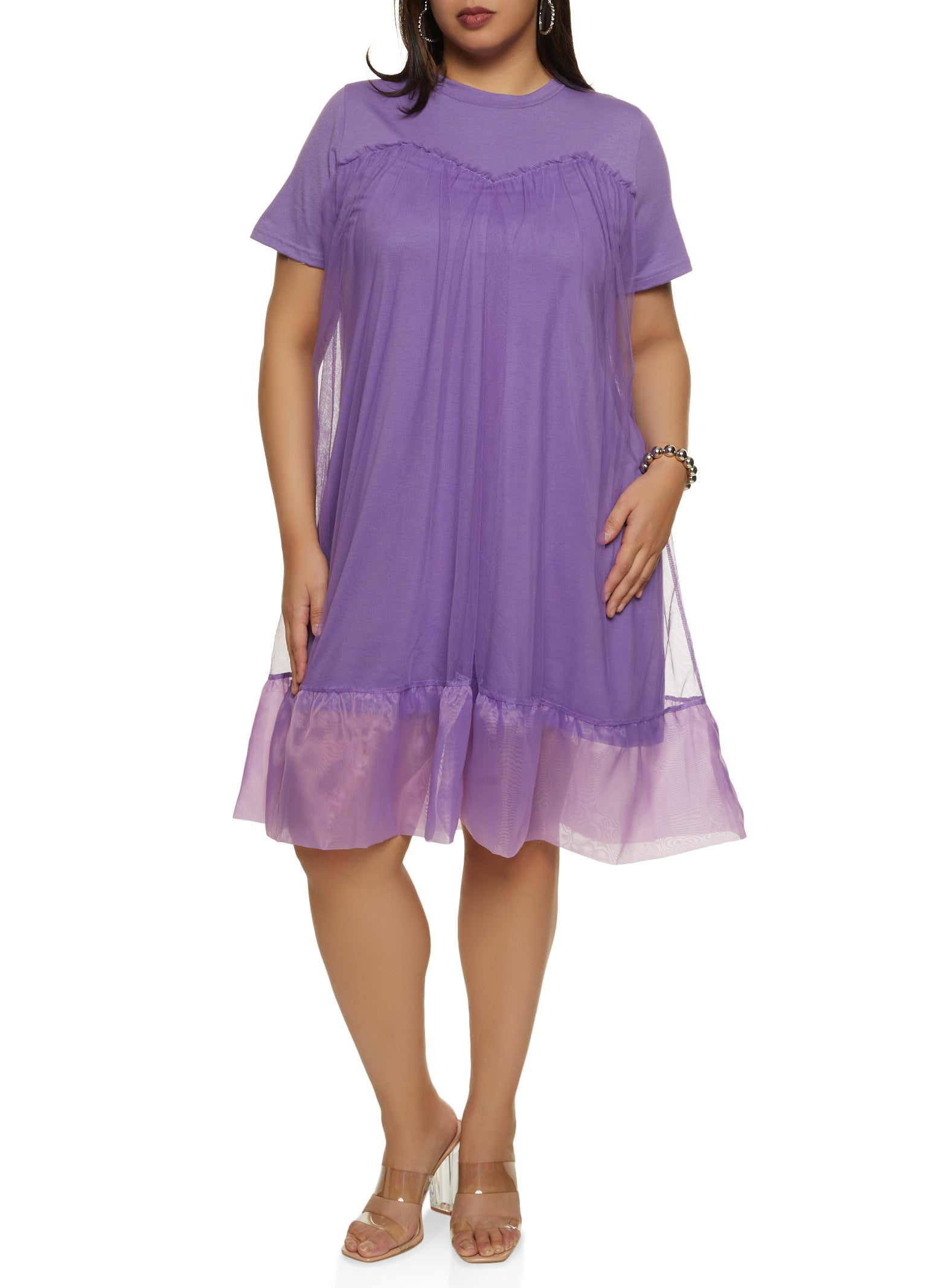 Plus Size Organza Hem Tulle Midi Shift Dress - Purple