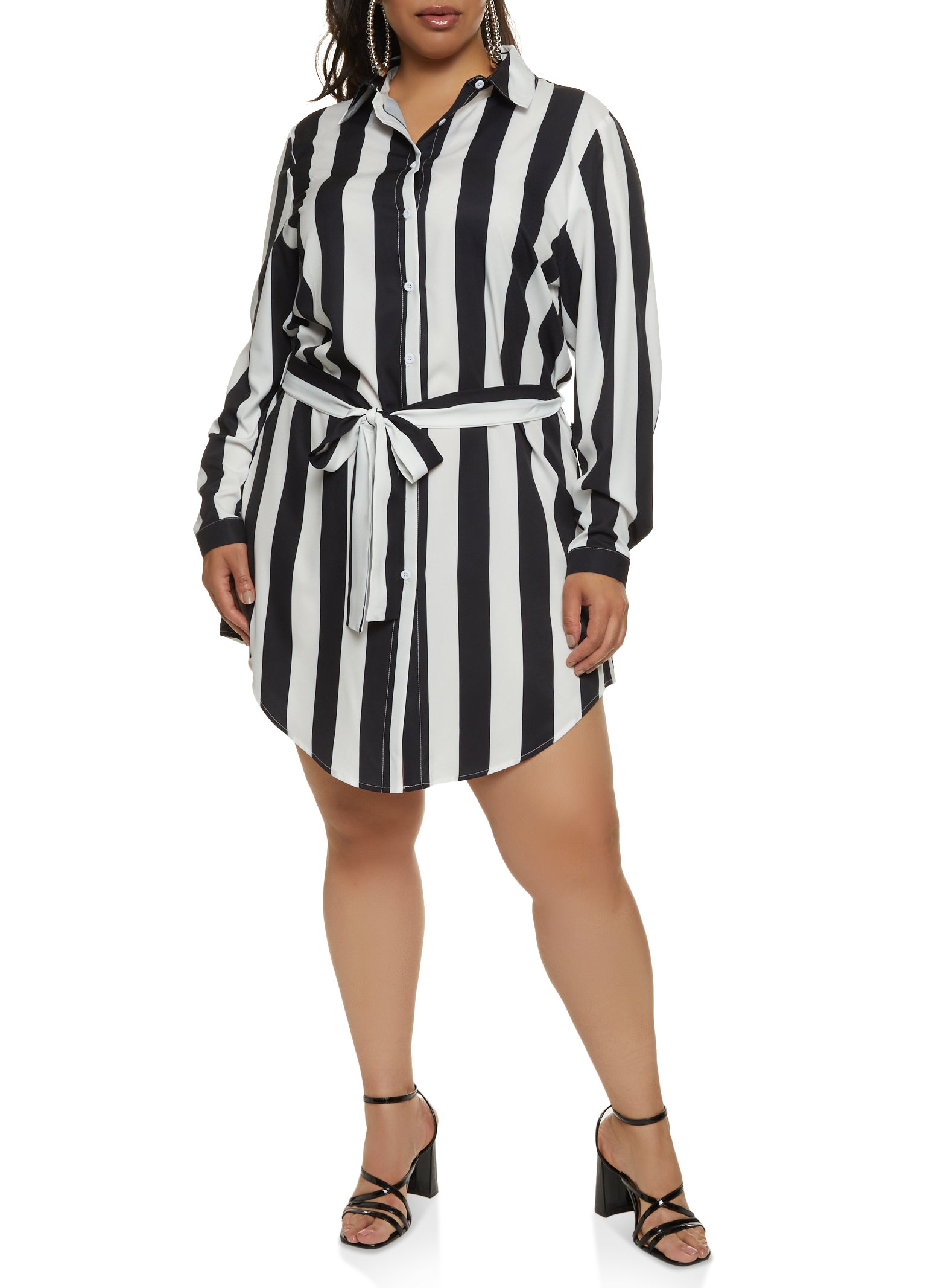 Plus Size Patterned Tie Waist Belted Shirt Dress