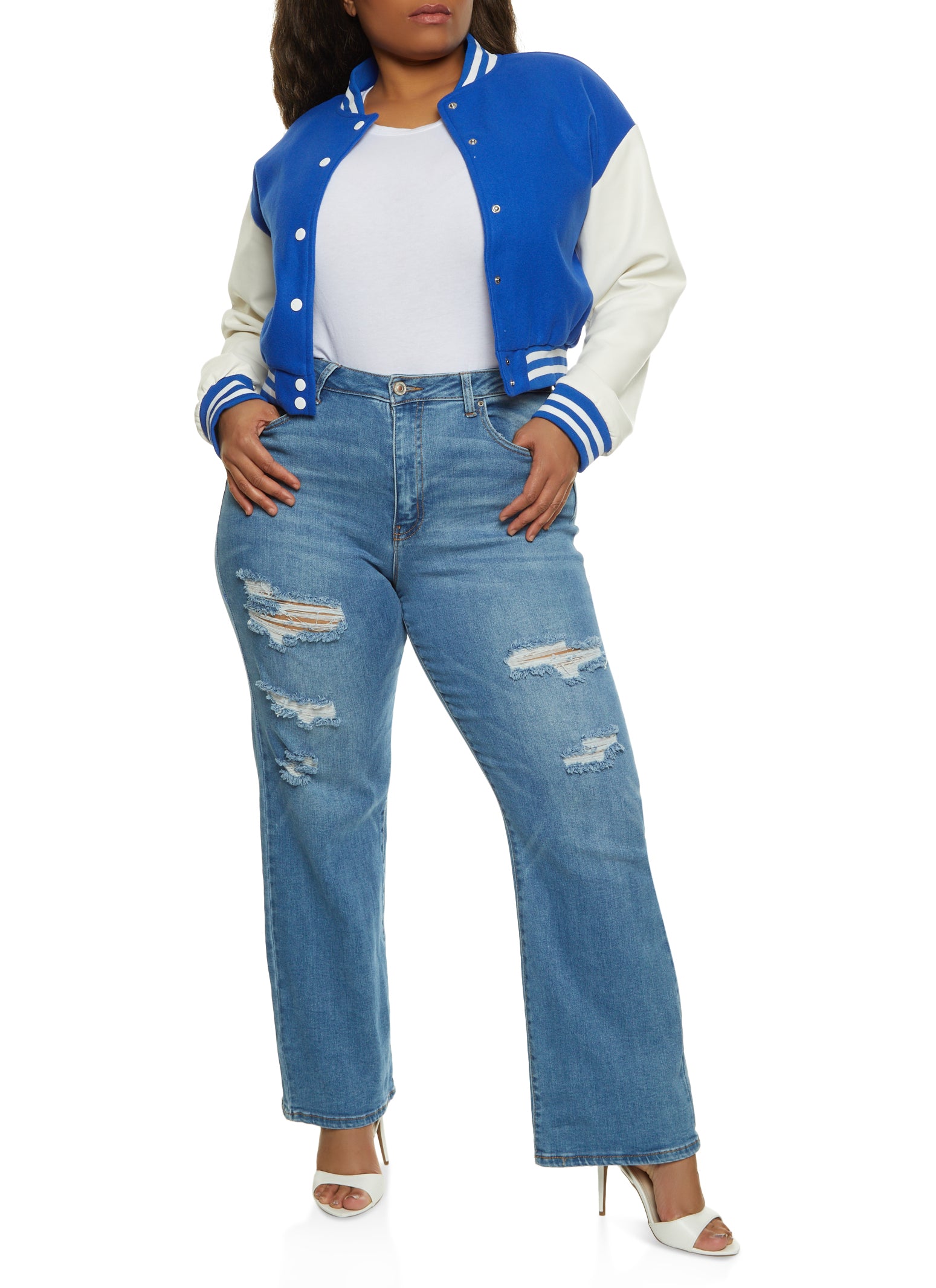 Plus Size Faux Leather Sleeve Baseball Jacket