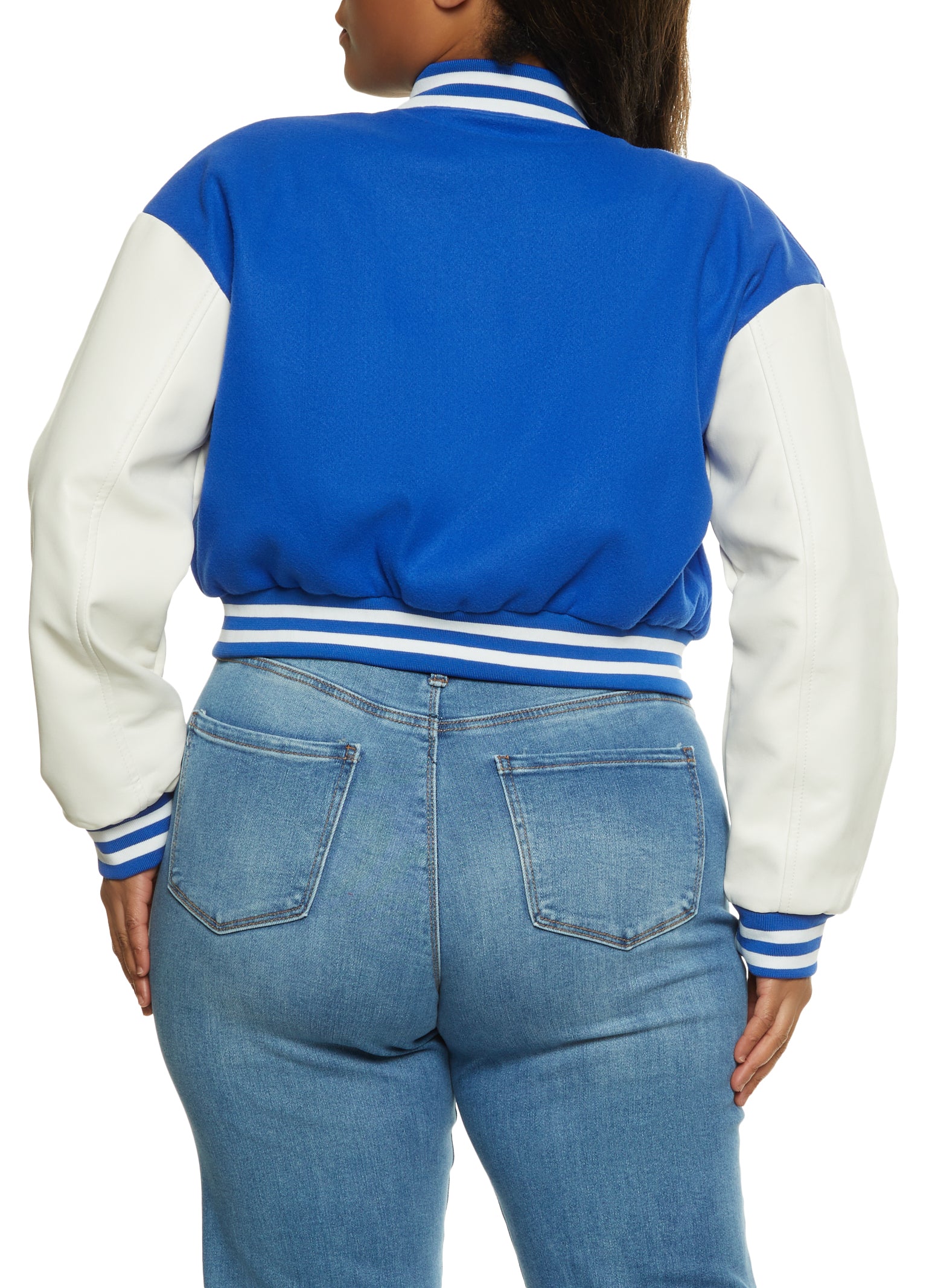 Plus Size Faux Leather Sleeve Baseball Jacket