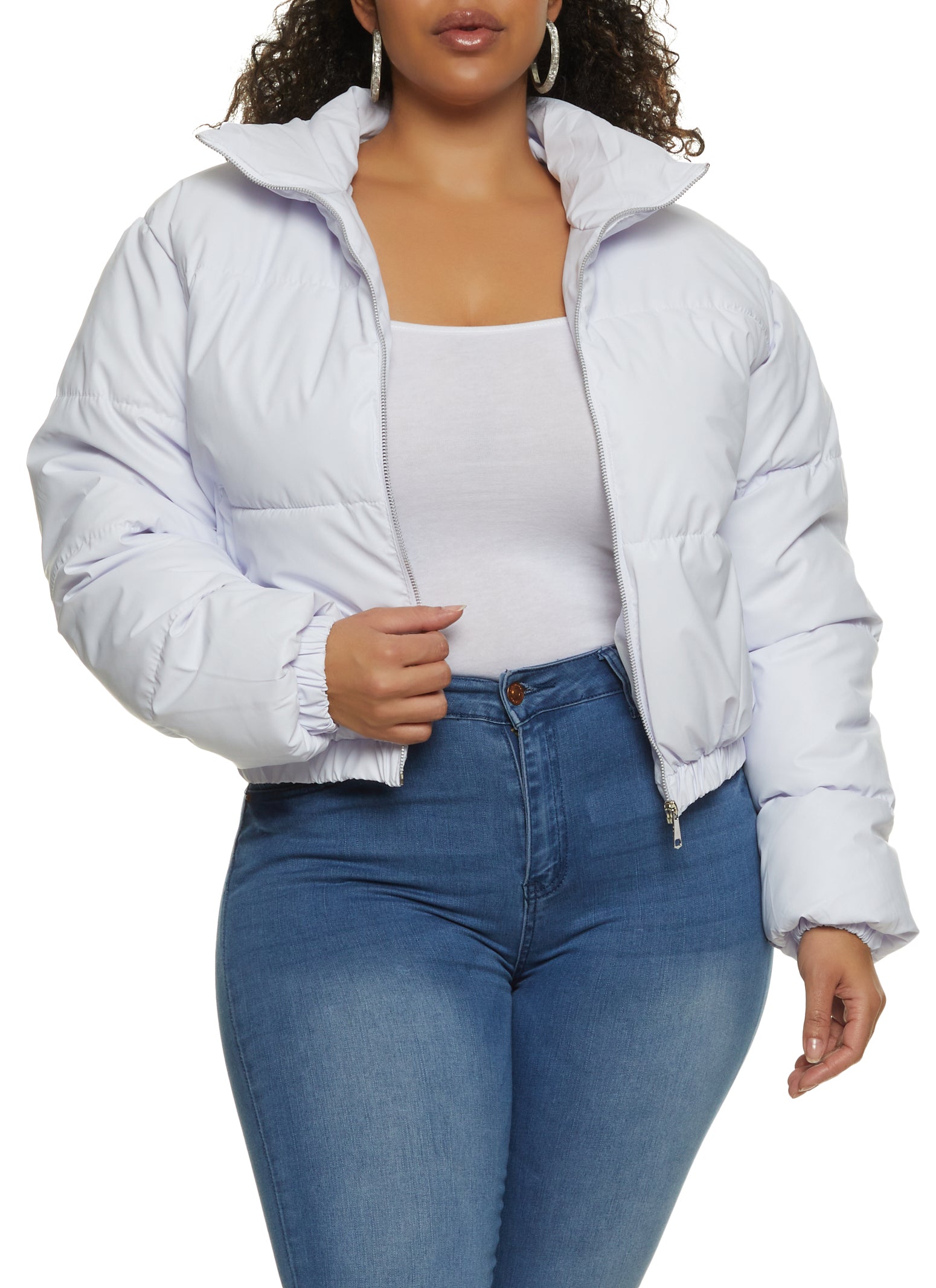 Plus Size Faux Leather Zip Front Puffer Jacket - White