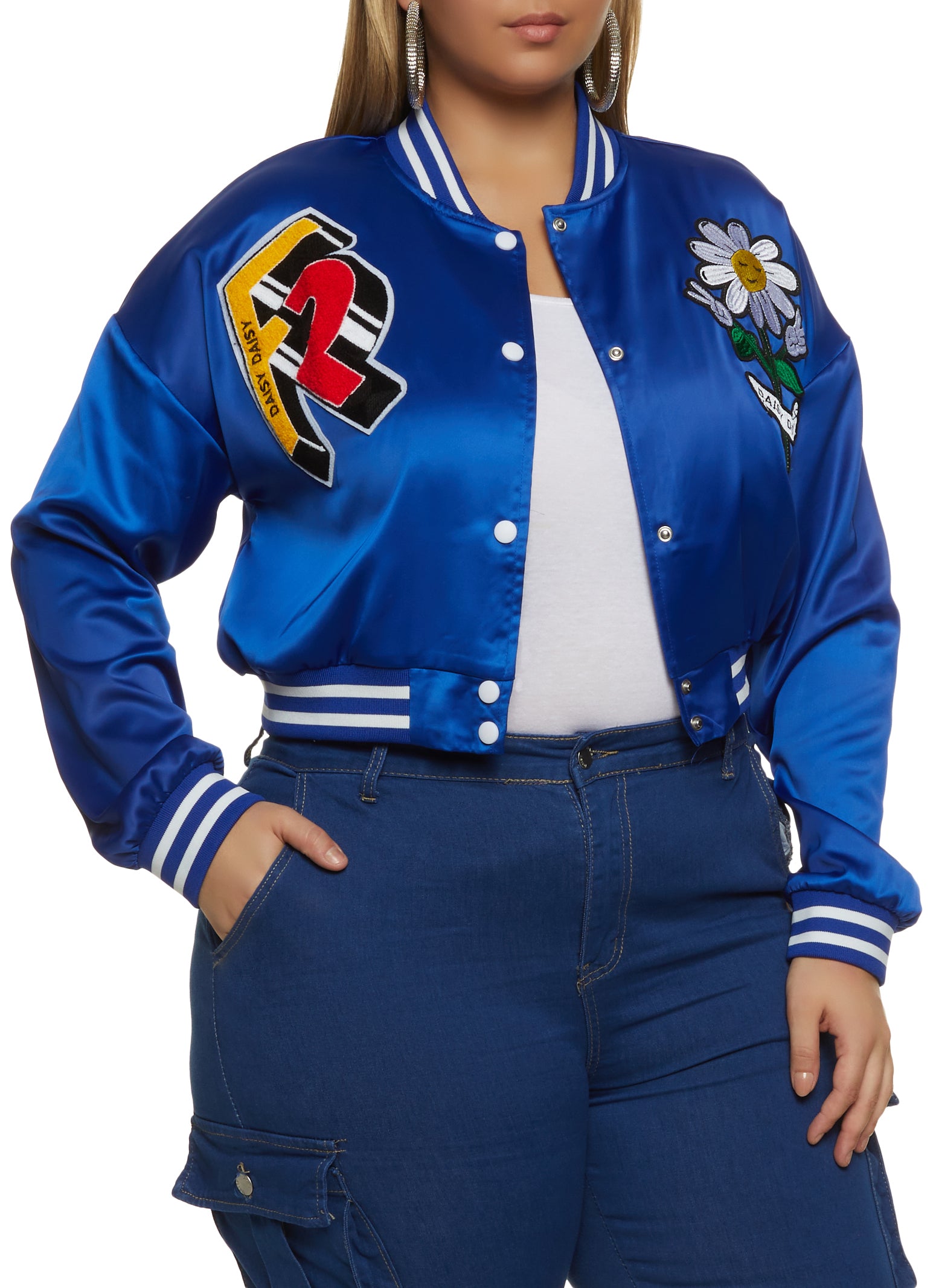 Plus Size Graphic Patch Cropped Varsity Jacket