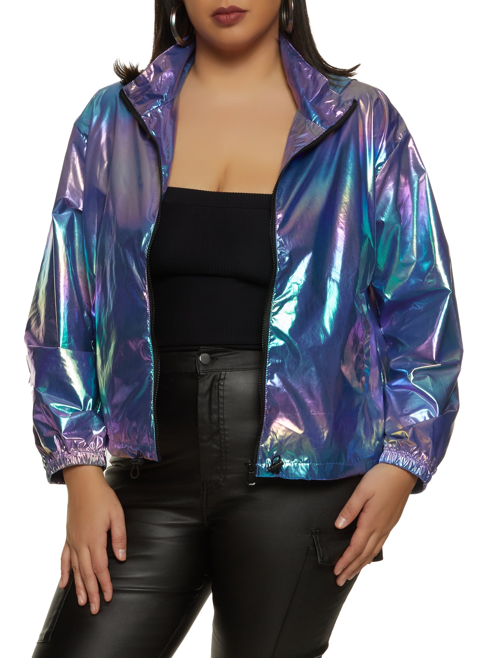 Plus Size Iridescent Hooded Windbreaker Jacket - Purple