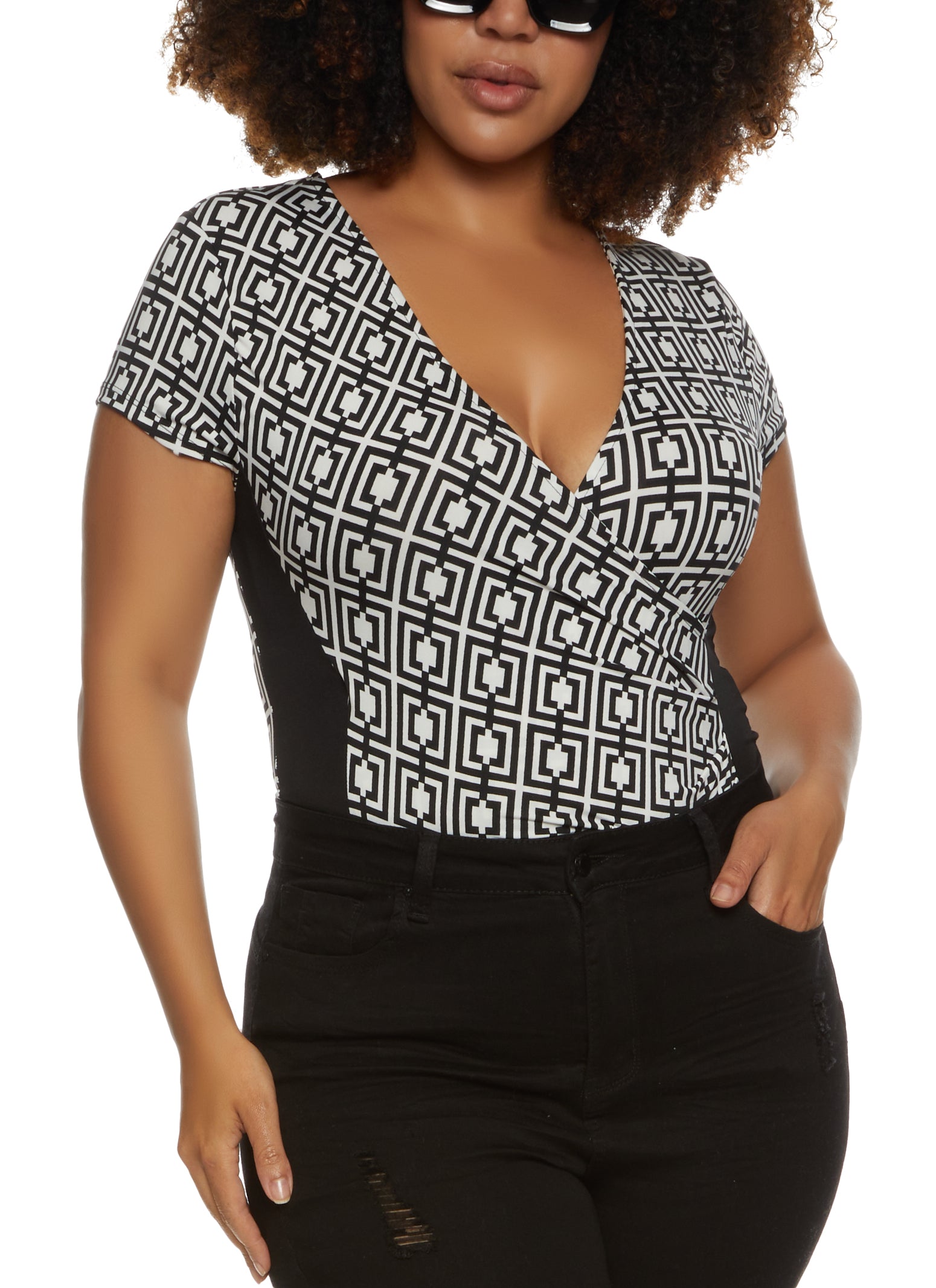 Plus Size Printed Faux Wrap Bodysuit
