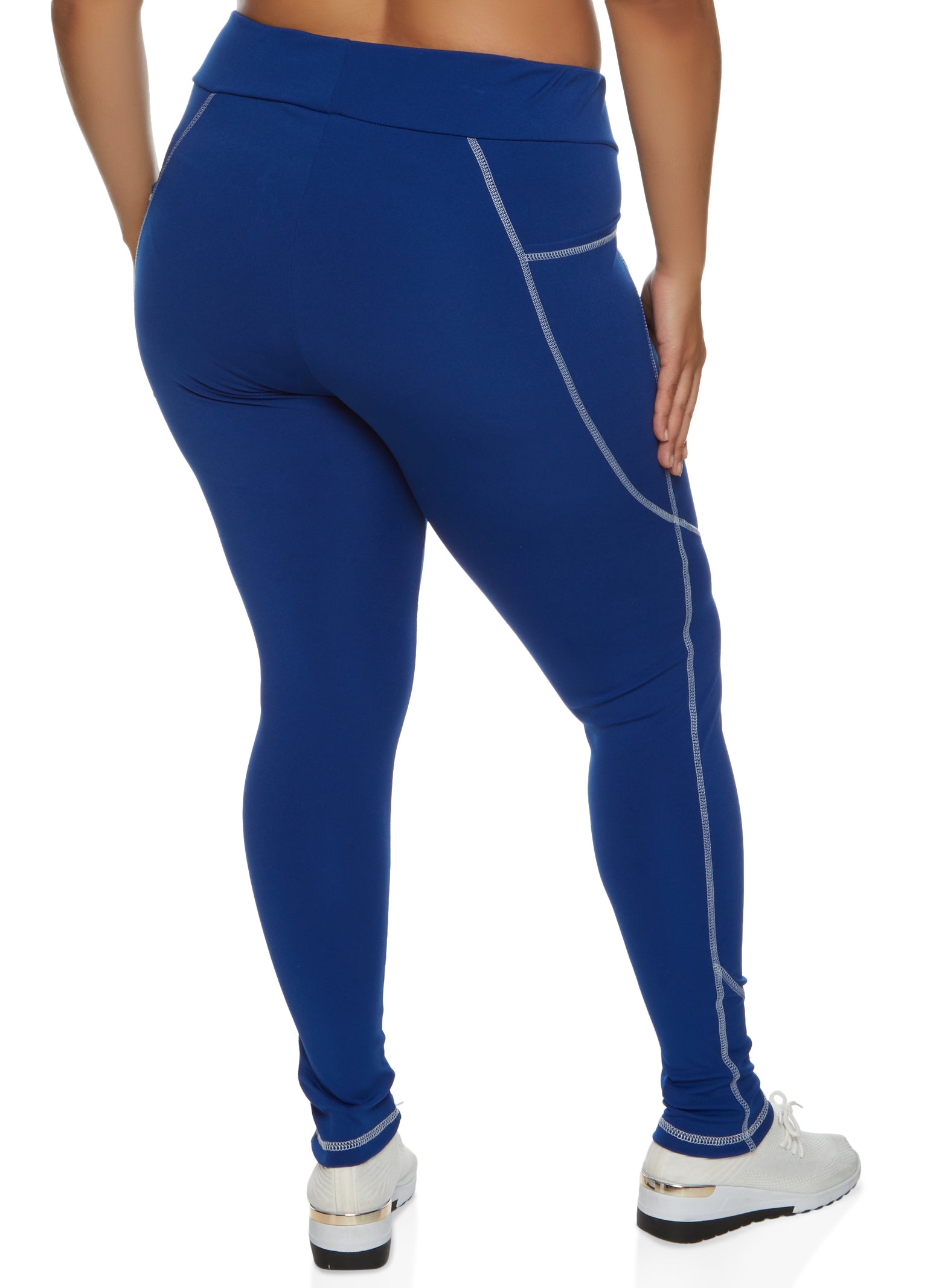 Plus Size V Cross Waist Contrast Stitch Leggings - Navy