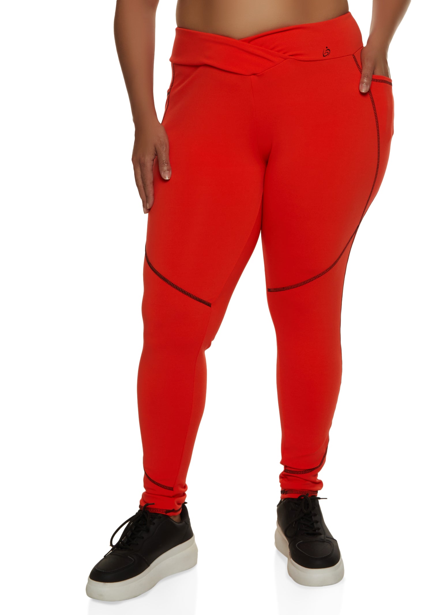 Plus Size V Cross Waist Contrast Stitch Leggings - Orange