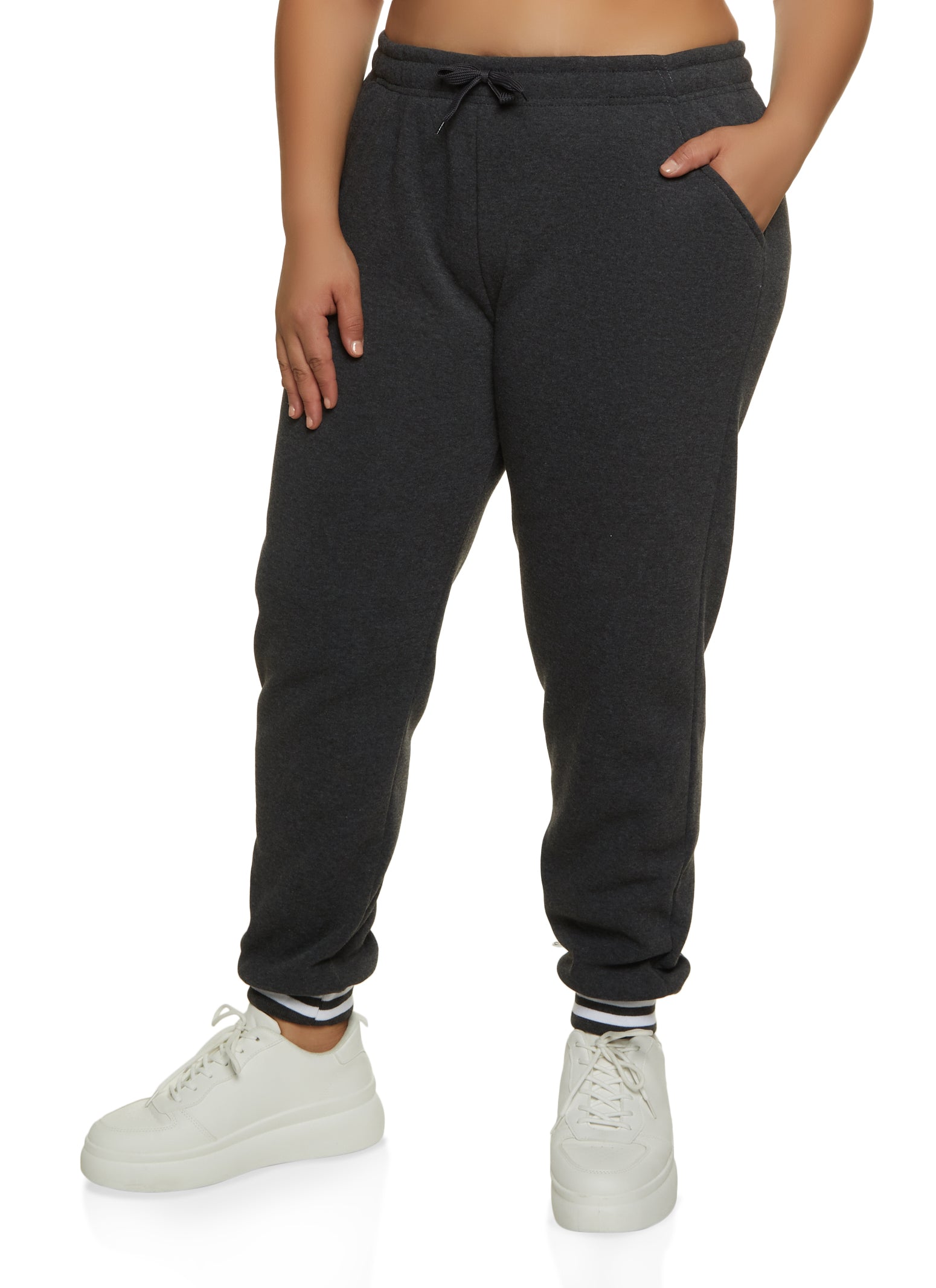 Plus Size Striped Cuff Fleece Joggers - Charcoal