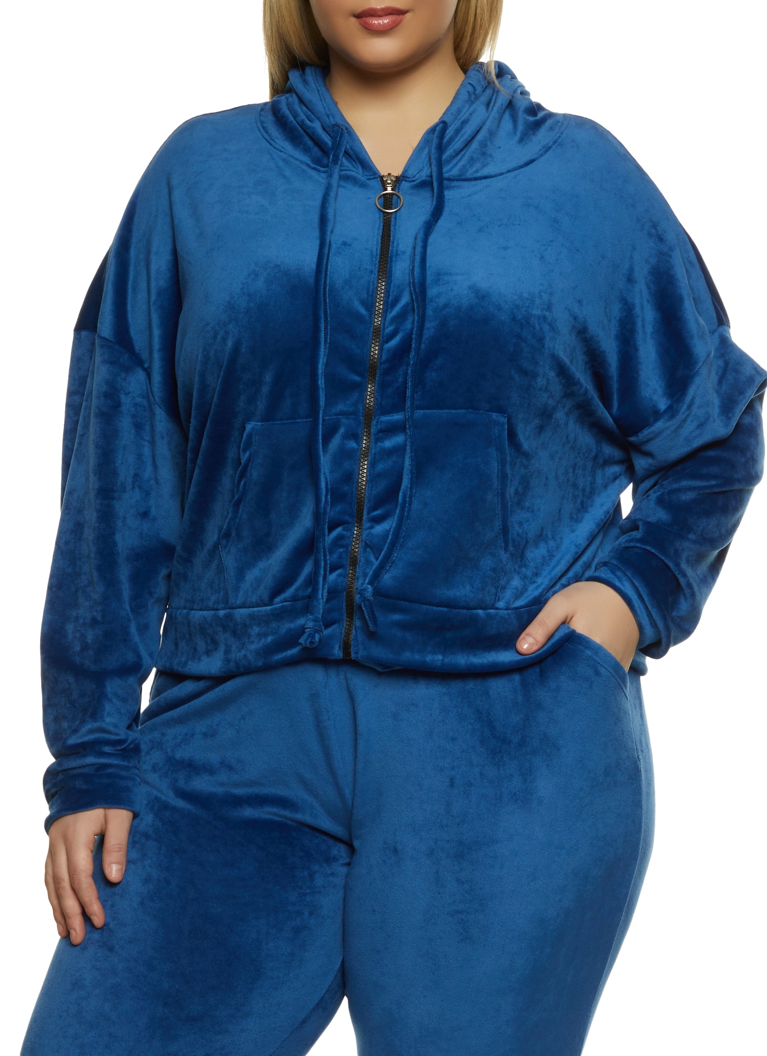 Plus Size Velour Zip Cropped Hoodie
