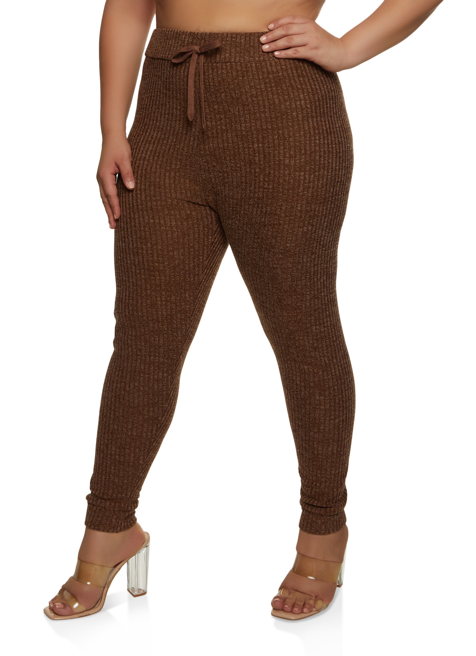Plus Size Ribbed Knit High Waisted Leggings - Brown