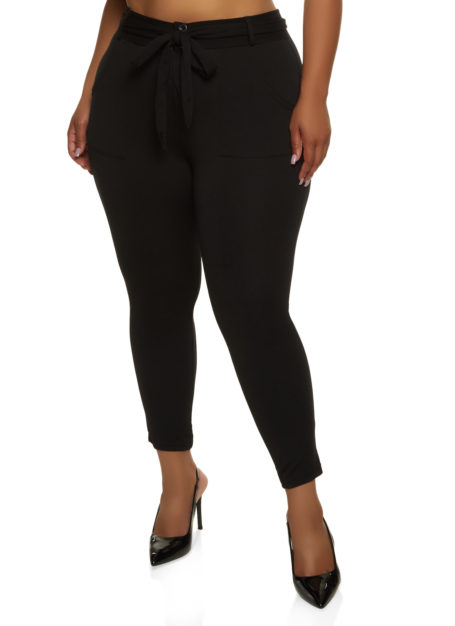 Plus Size Crepe Knit Belted Skinny Dress Pants