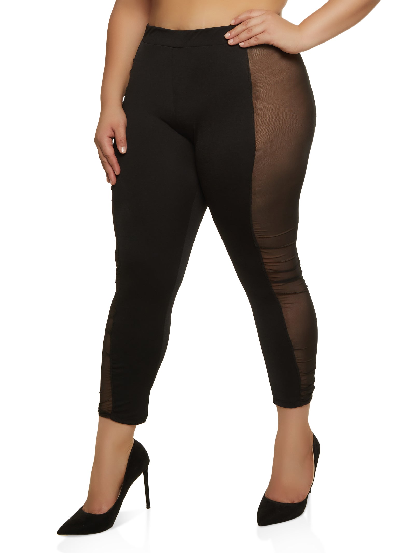 Plus Size Solid Mesh Detail Leggings - Black