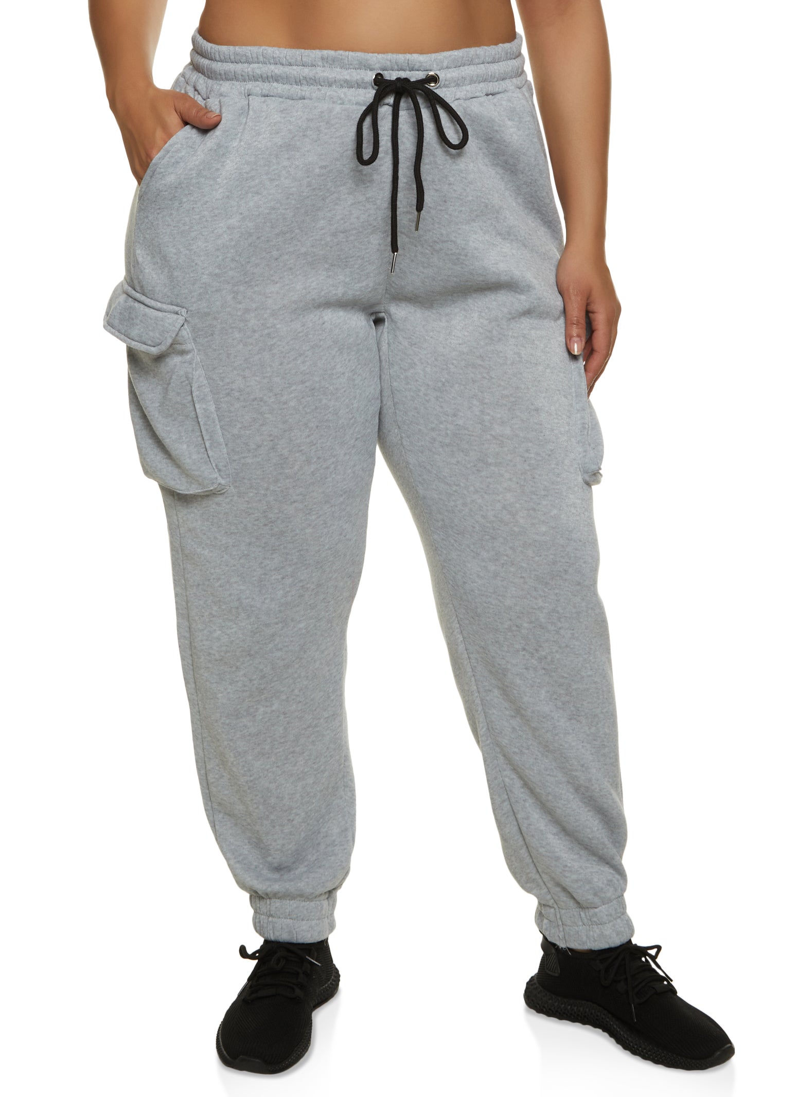 Plus Size Drawstring Cargo Pocket Joggers - Heather Grey