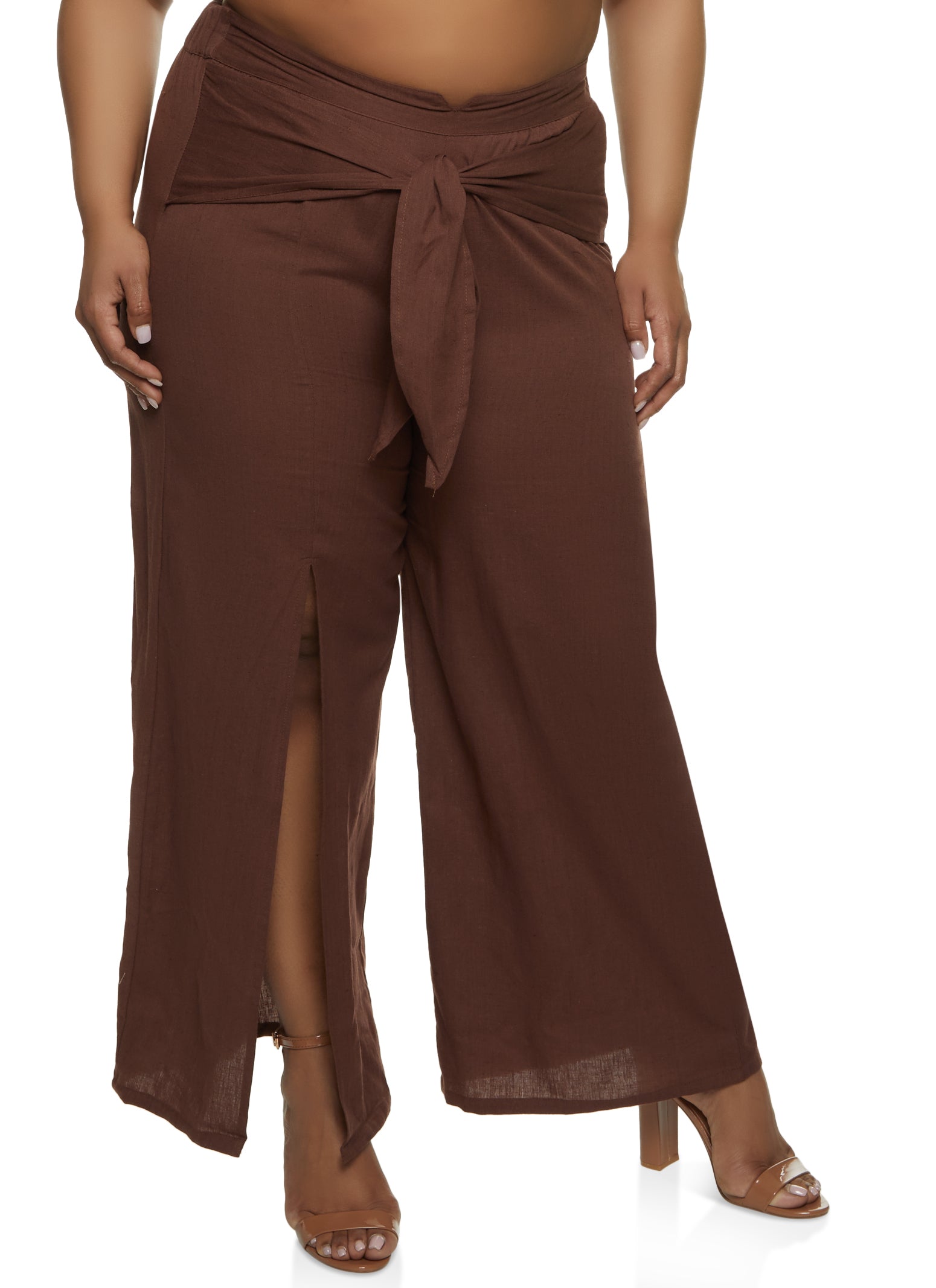 Plus Size Split Hem Wide Leg Linen Pants