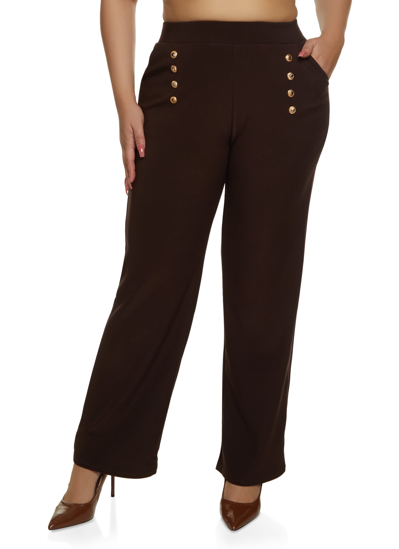 Plus Size Faux Button Detail Wide Leg Dress Pants - Brown