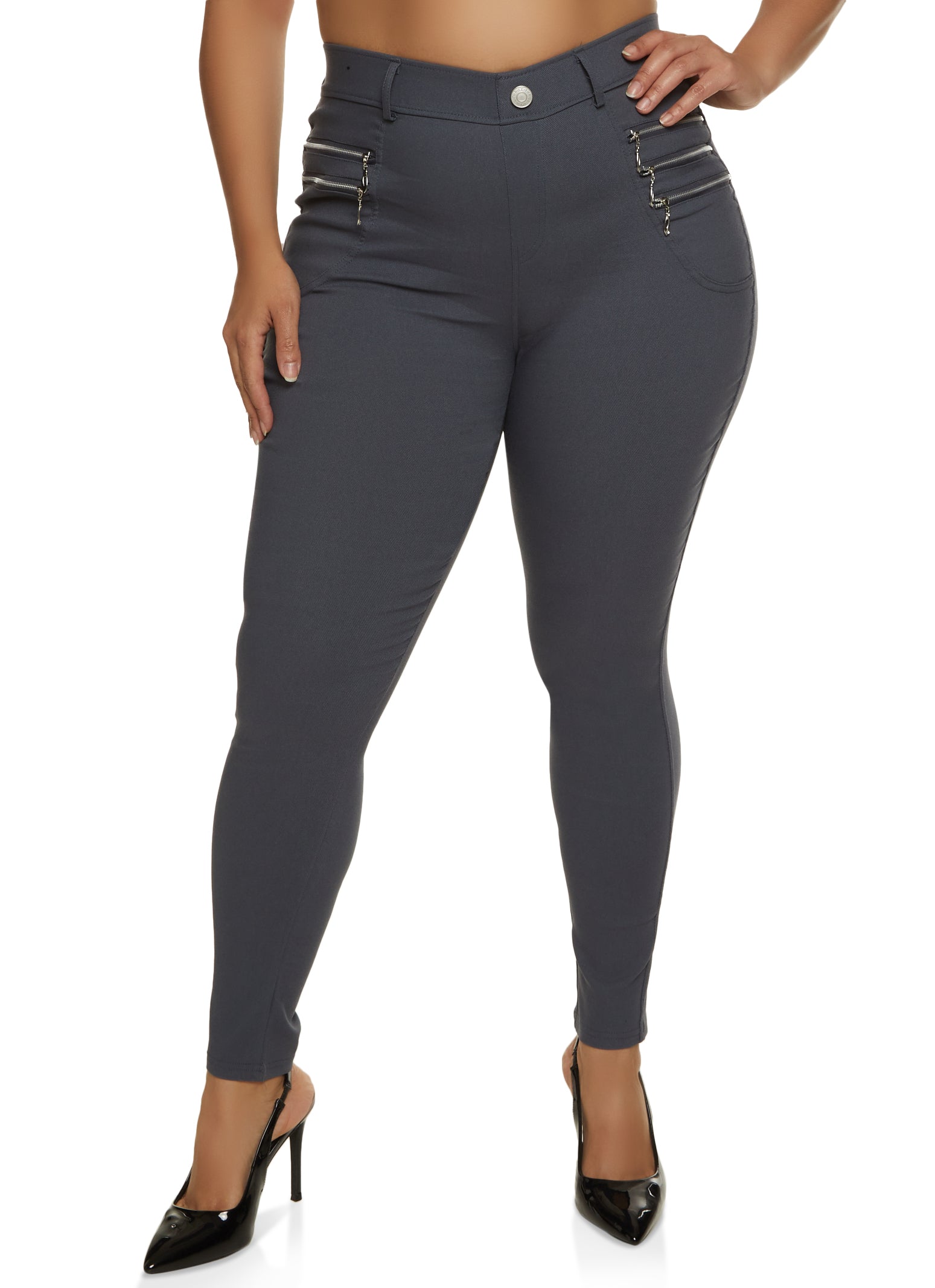 Plus Size Zip Pocket Detail Pull On Pants - Charcoal