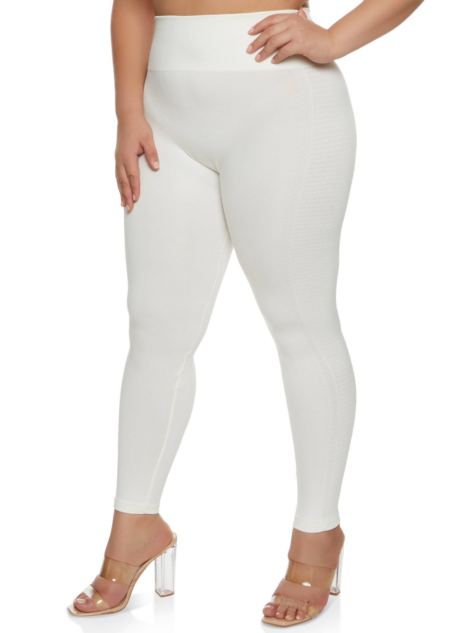 Plus Size Fleece Side Textured Knit Leggings - Ivory