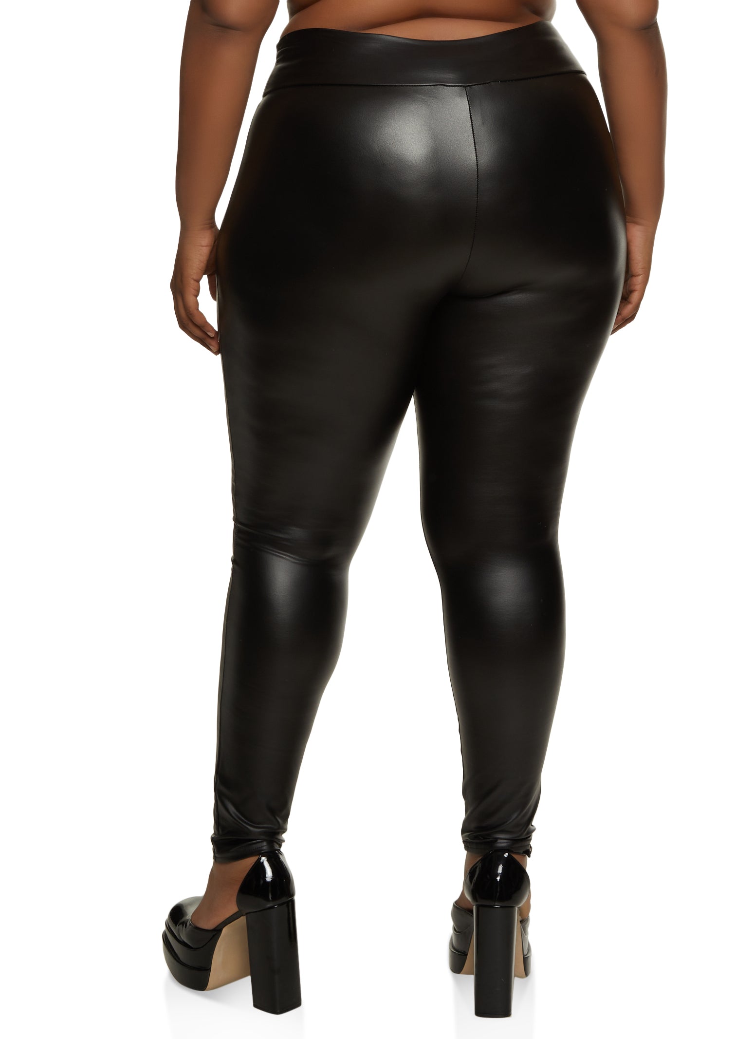 Plus Size Faux Leather Fleece Lined Leggings - Black