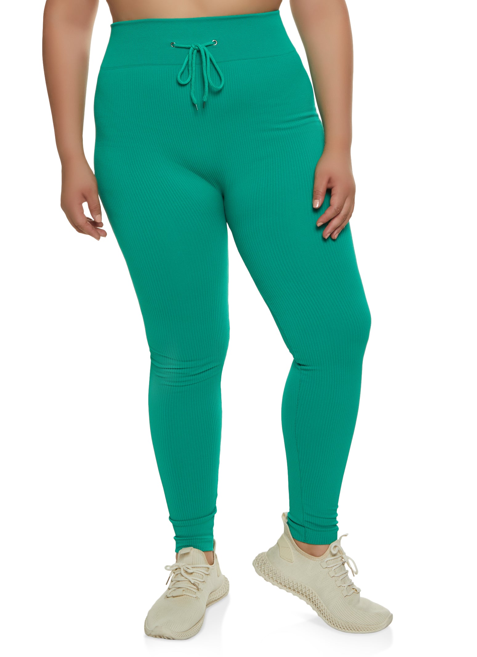 Plus Size Ribbed Faux Drawstring Leggings - Kelly Green