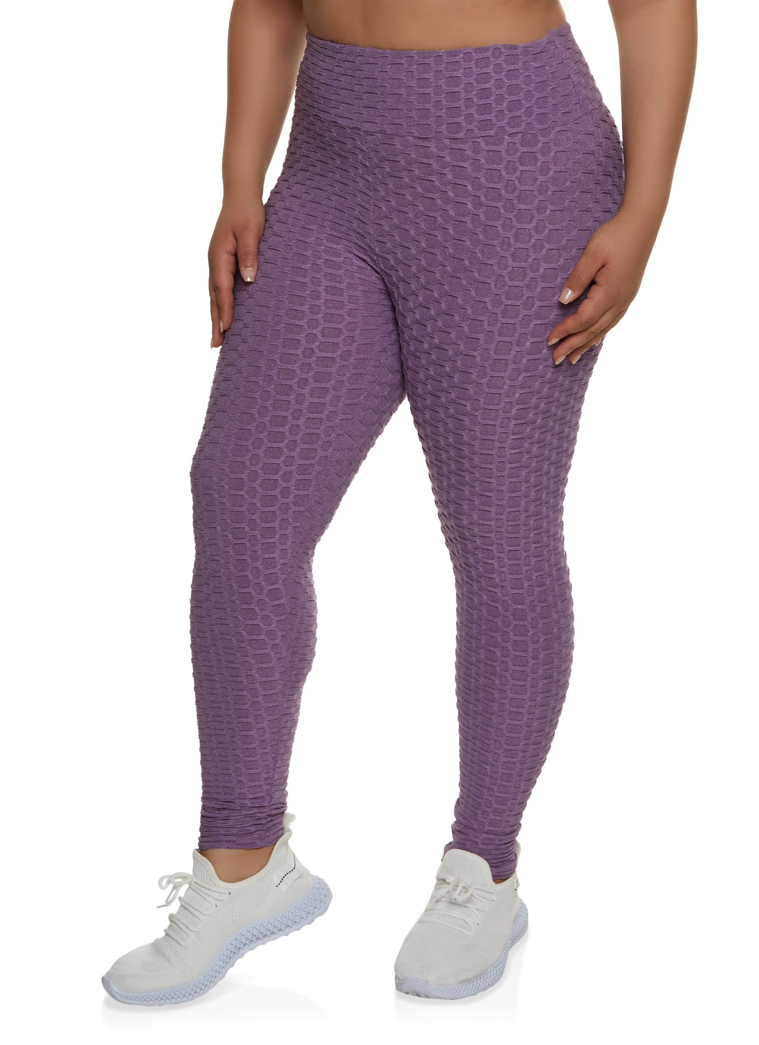 Plus Size Solid Honeycomb High Waisted Leggings - Purple