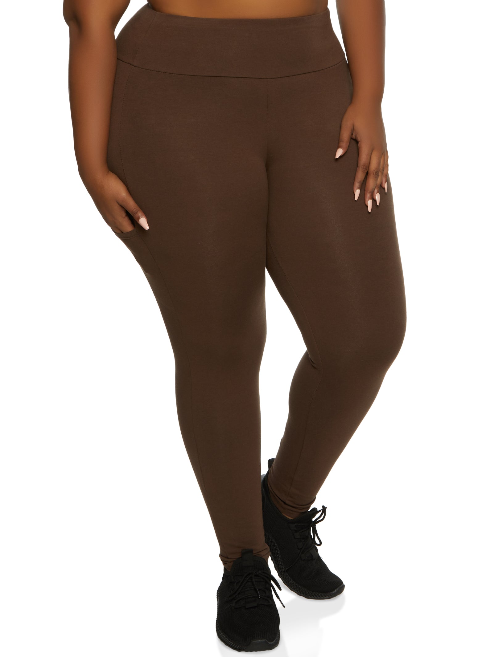 Plus Size Solid High Waist Cell Phone Pocket Leggings - Brown