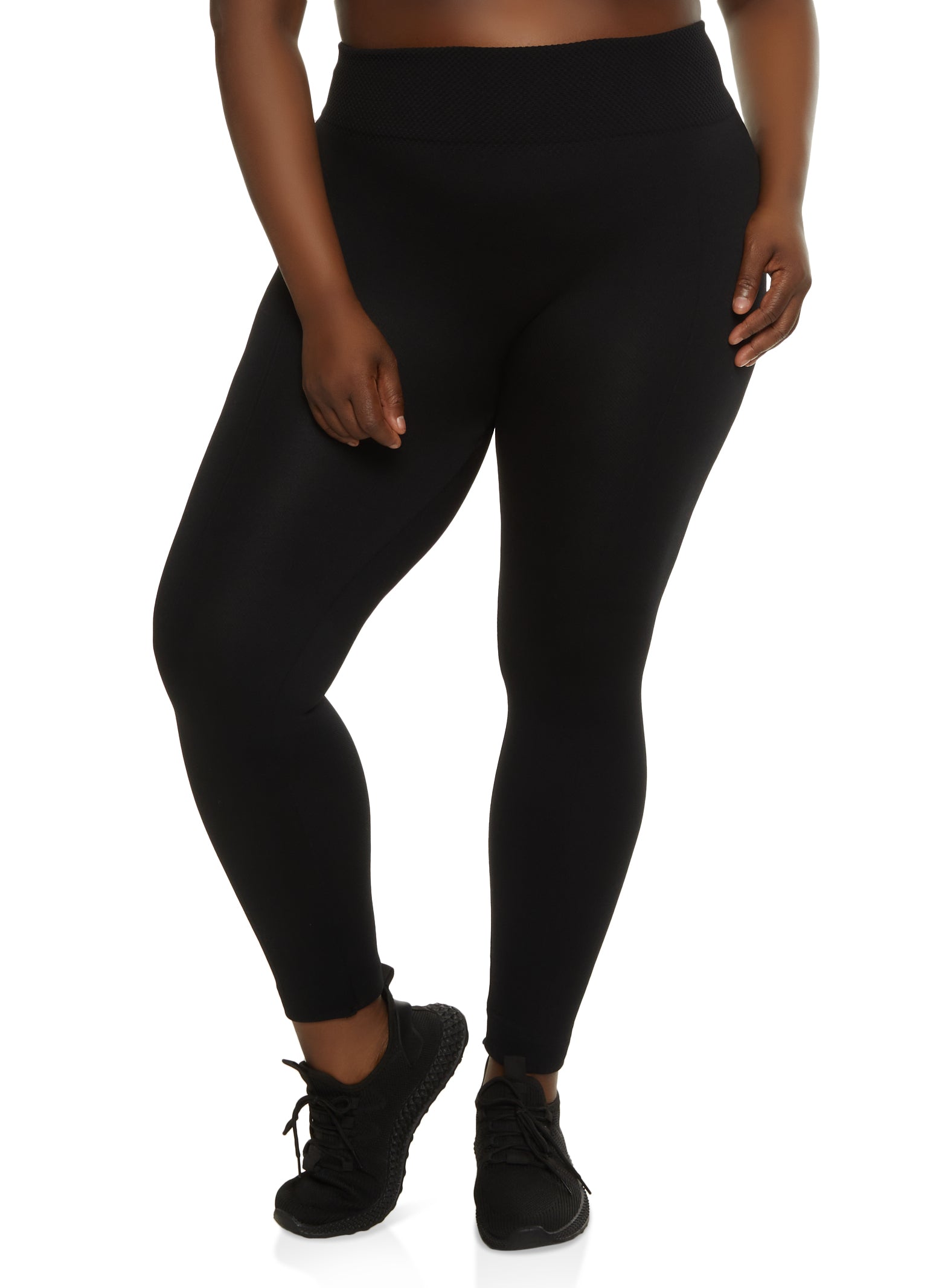 Plus Size Solid Textured Waistband Leggings - Black