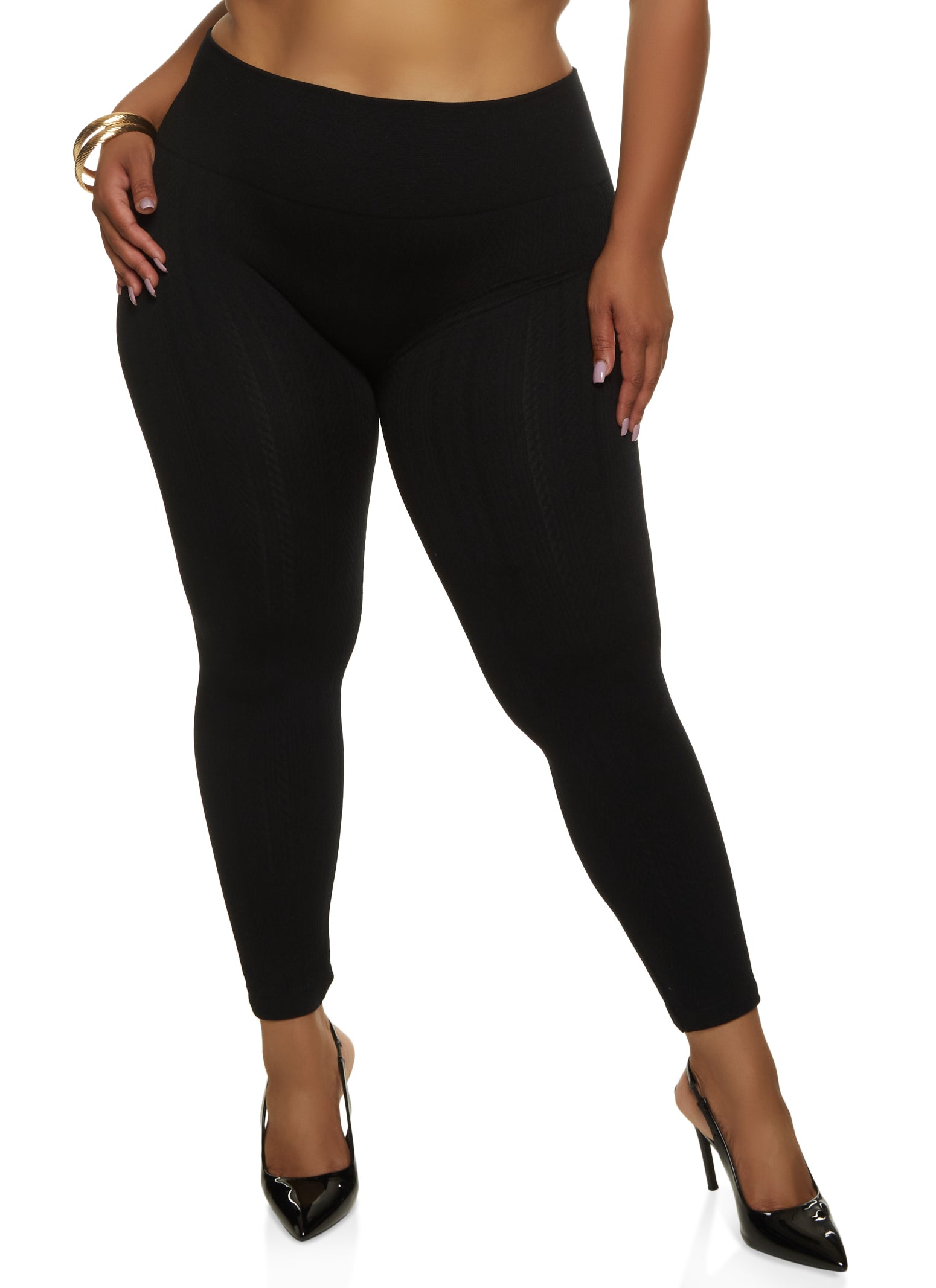 Plus Size Seamless Textured Knit High Waist Leggings - Black