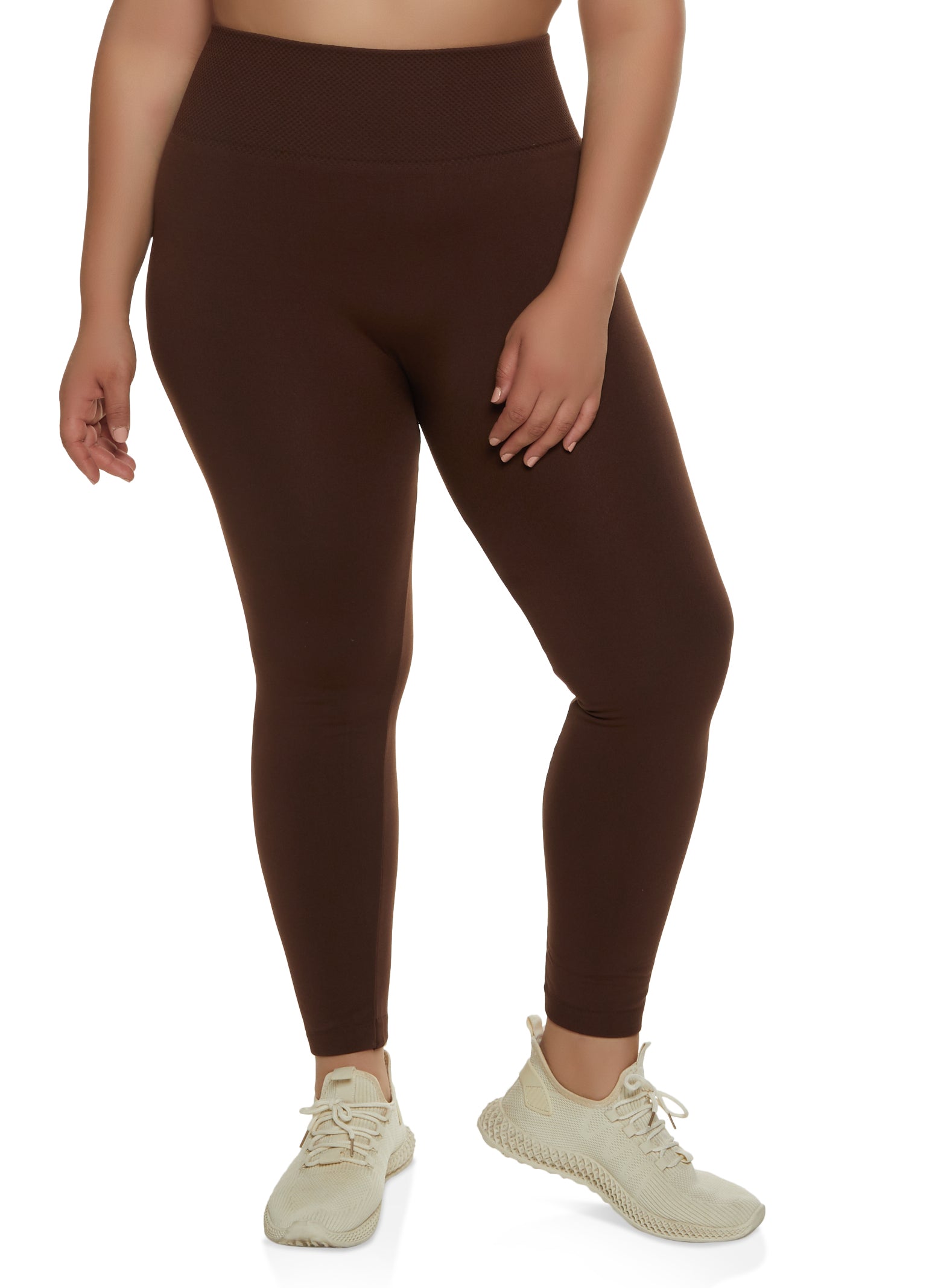 Plus Size High Waisted Fleece Lined Leggings - Brown