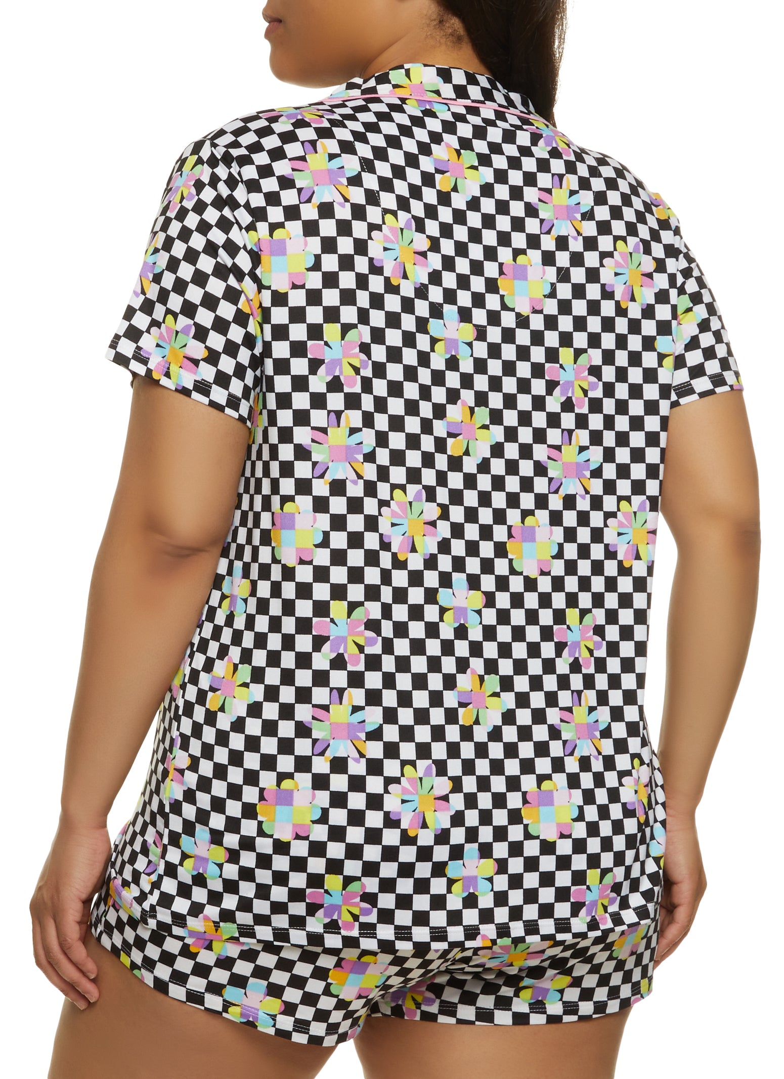 Plus Size Checkered Flower Print Pajama Shirt and Shorts