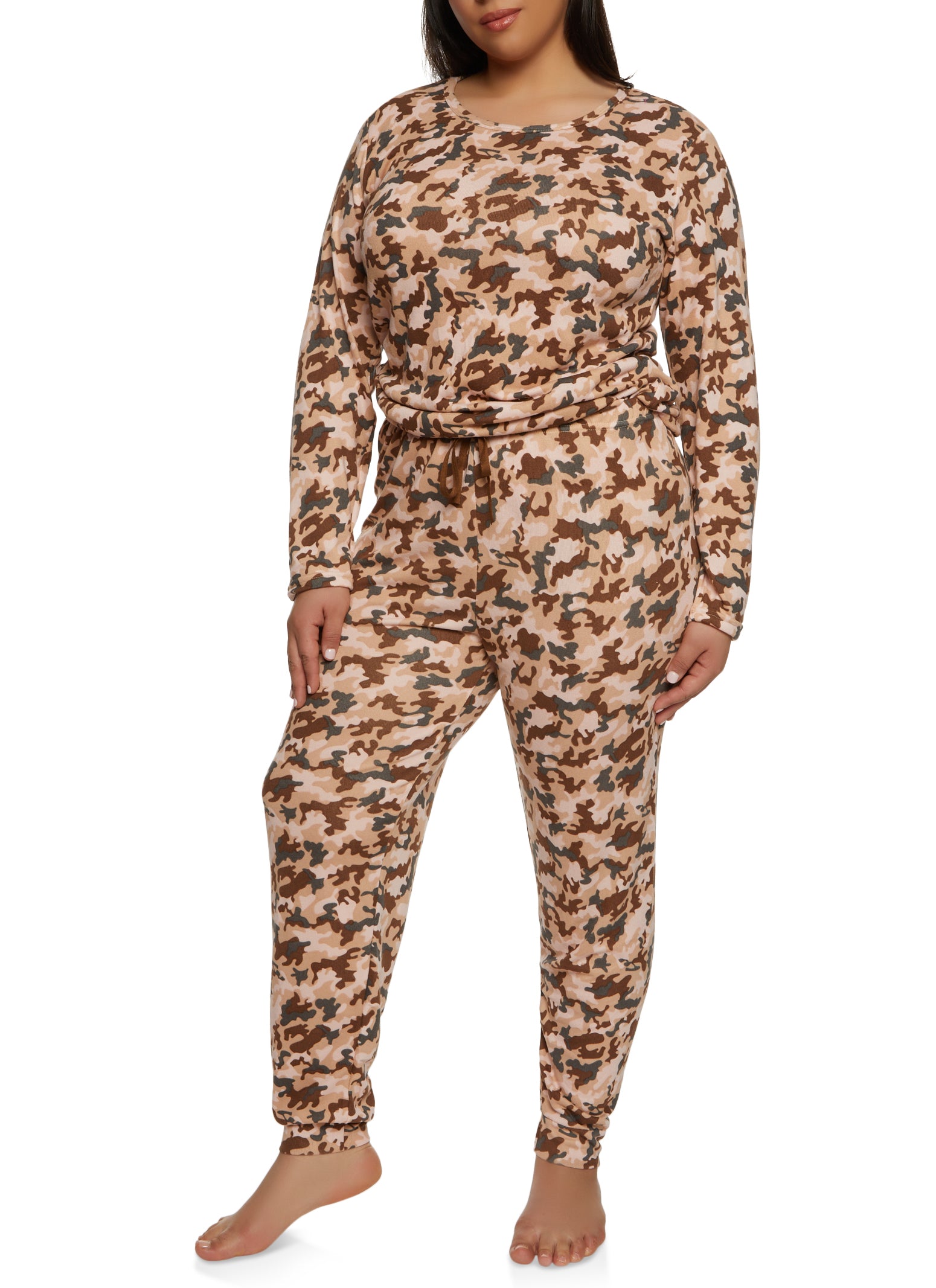Plus Size Camo Long Sleeve Pajama Top and Pants