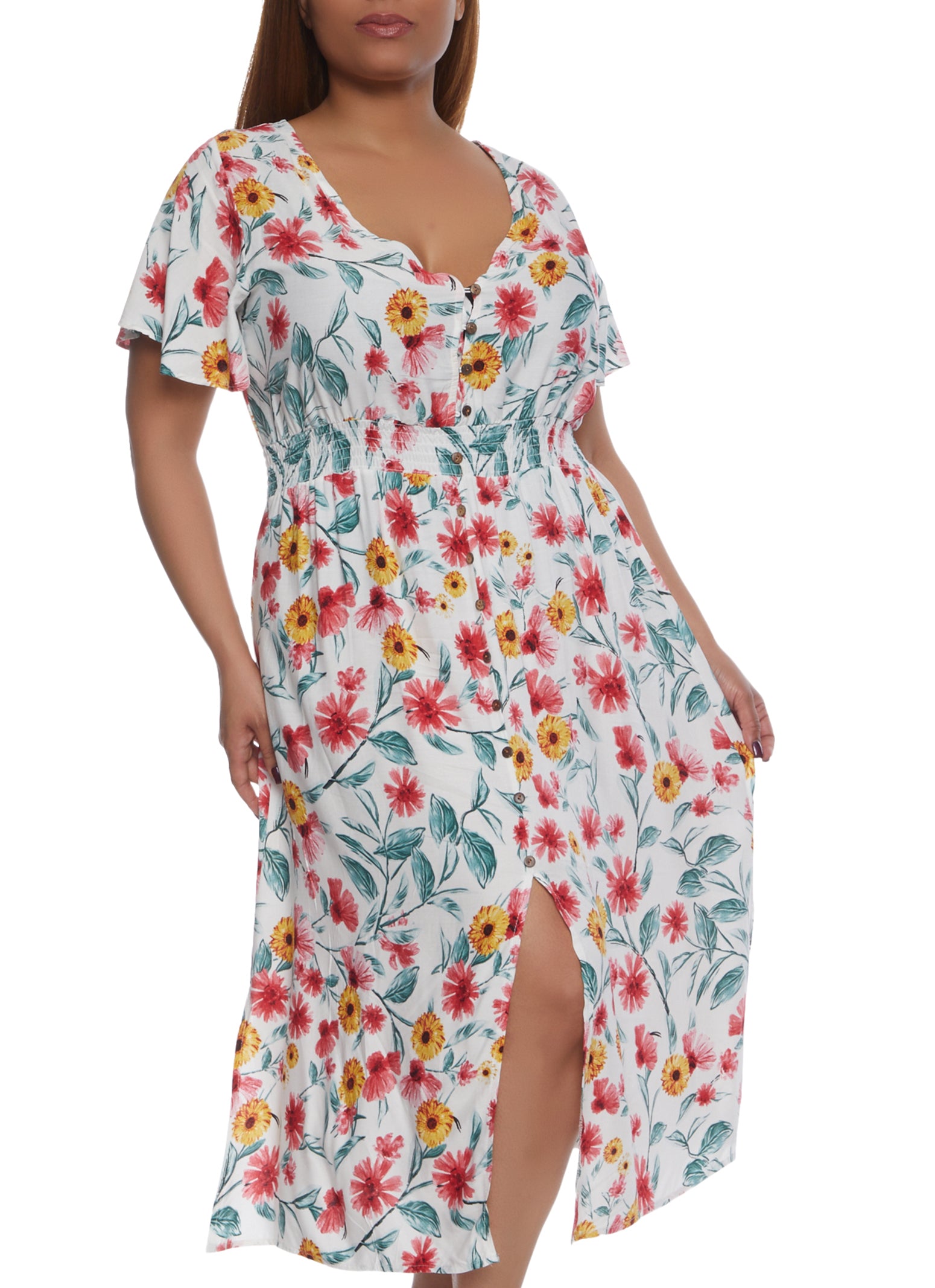 Plus Size Floral Print Button Detail Midi Dress