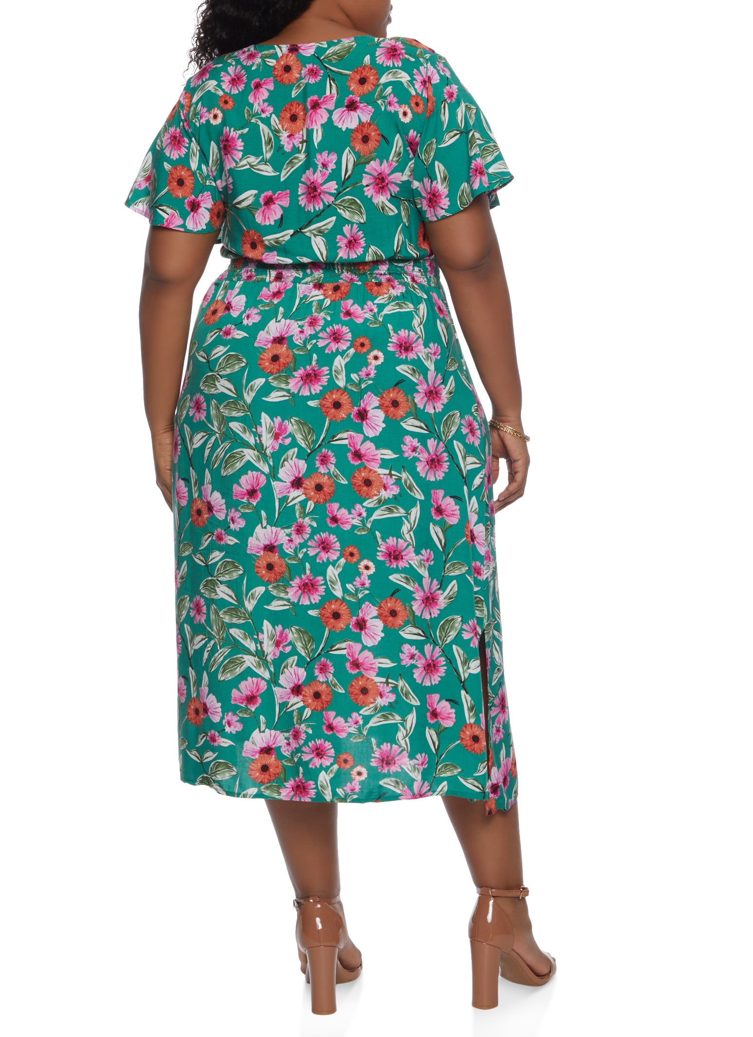 Plus Size Floral Print Flutter Sleeve Midi Dress