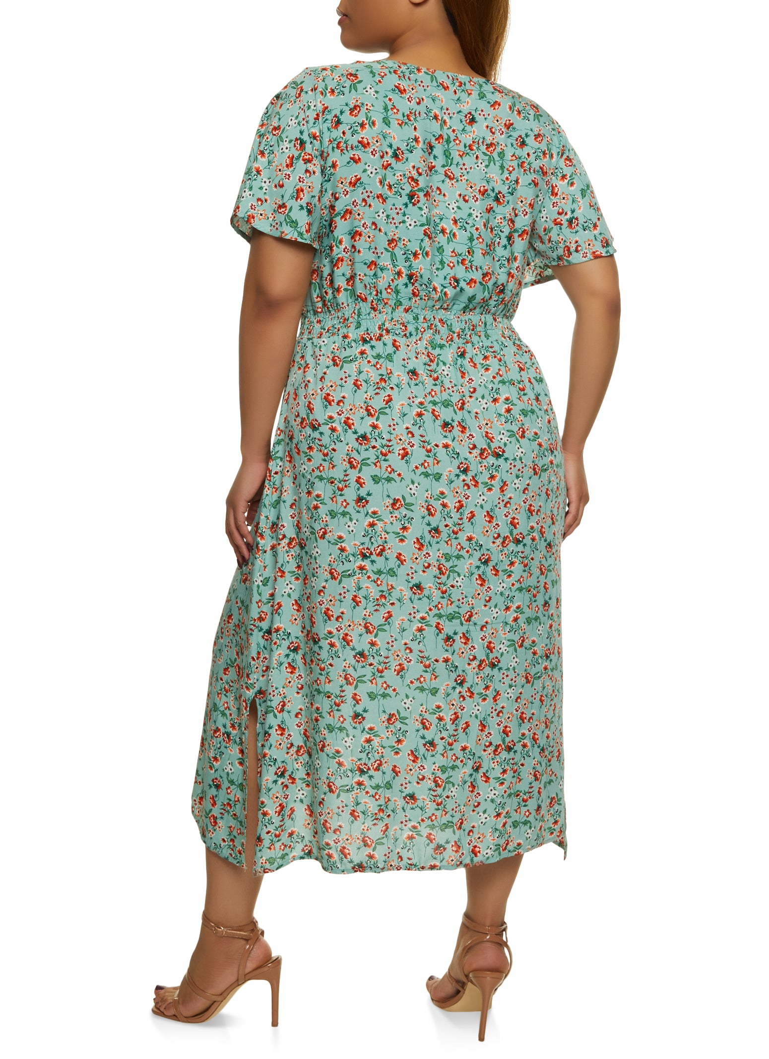 Plus Size Floral Print Flutter Sleeve Midi Dress