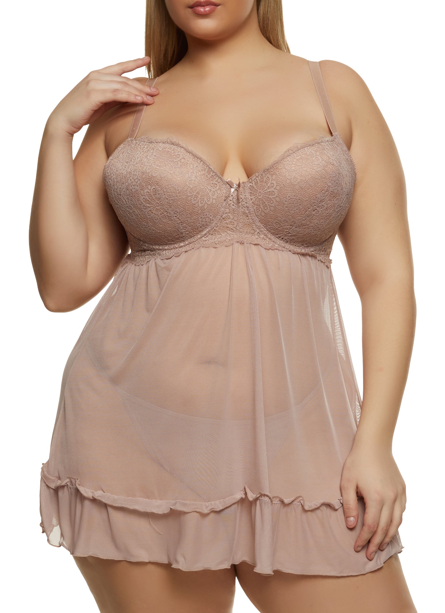 Plus Size Solid Babydoll and G String - Brown