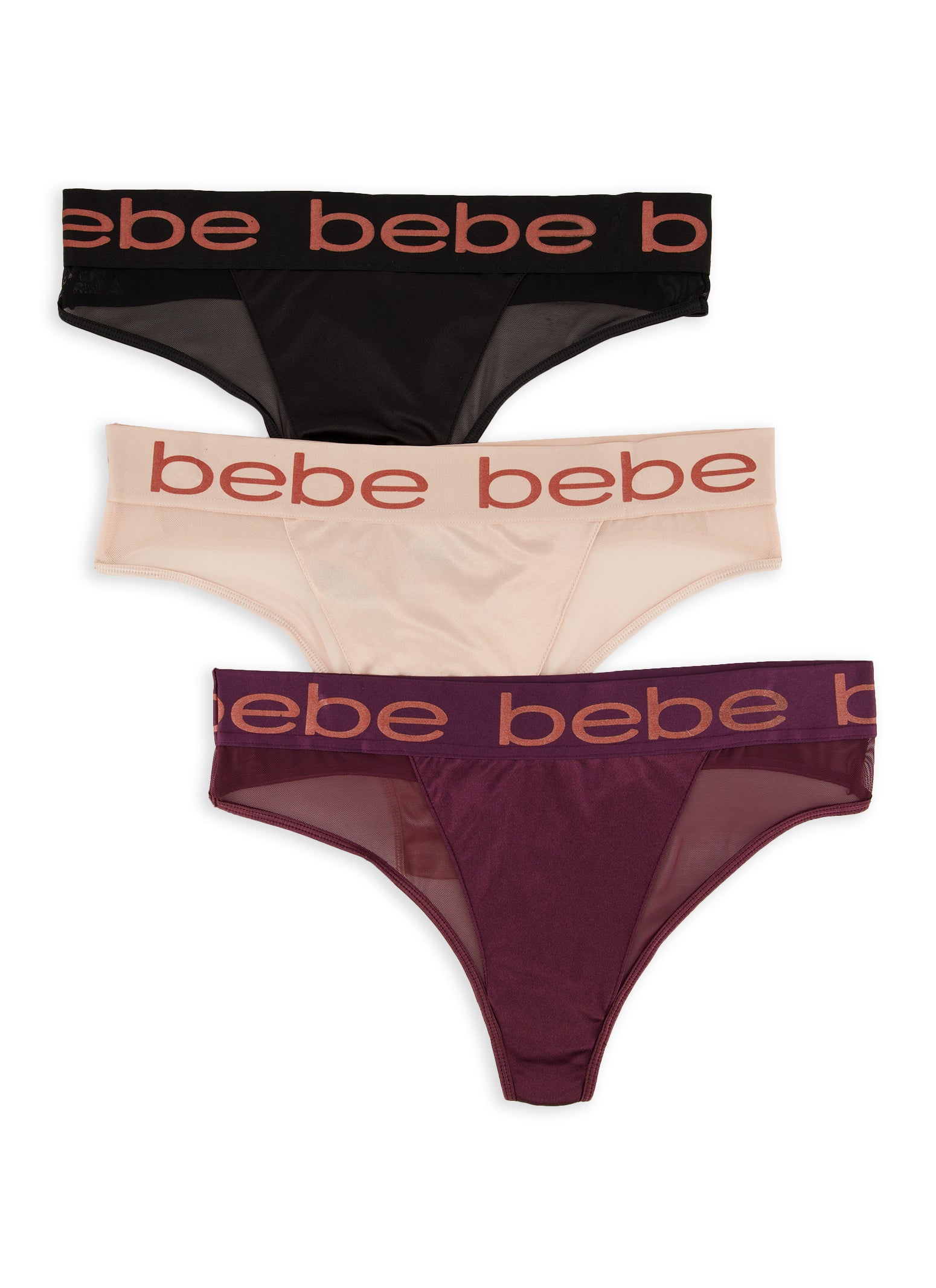 Plus Size Bebe 3 Pack Mesh Thong Panties - Purple